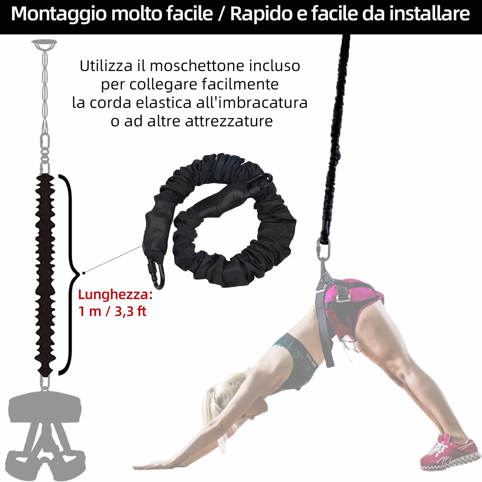 PRIOR FITNESS Cavo Bungee per Yoga Aerea e Bungee Fitness, Fascia Elastica 50-120kg, Lunghezza 1m, Nucleo Lattice Naturale