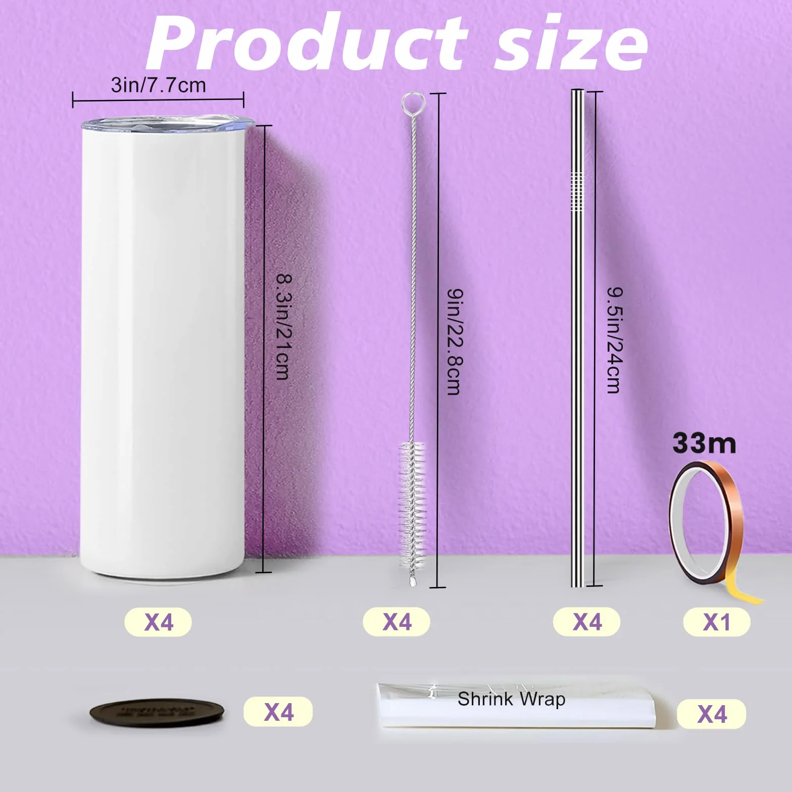 Confezione da 4 bicchieri vuoti a sublimazione, da 590 ml, in acciaio inox, con manico portatile e cannuccia, per lo sport, con stampa a sublimazione