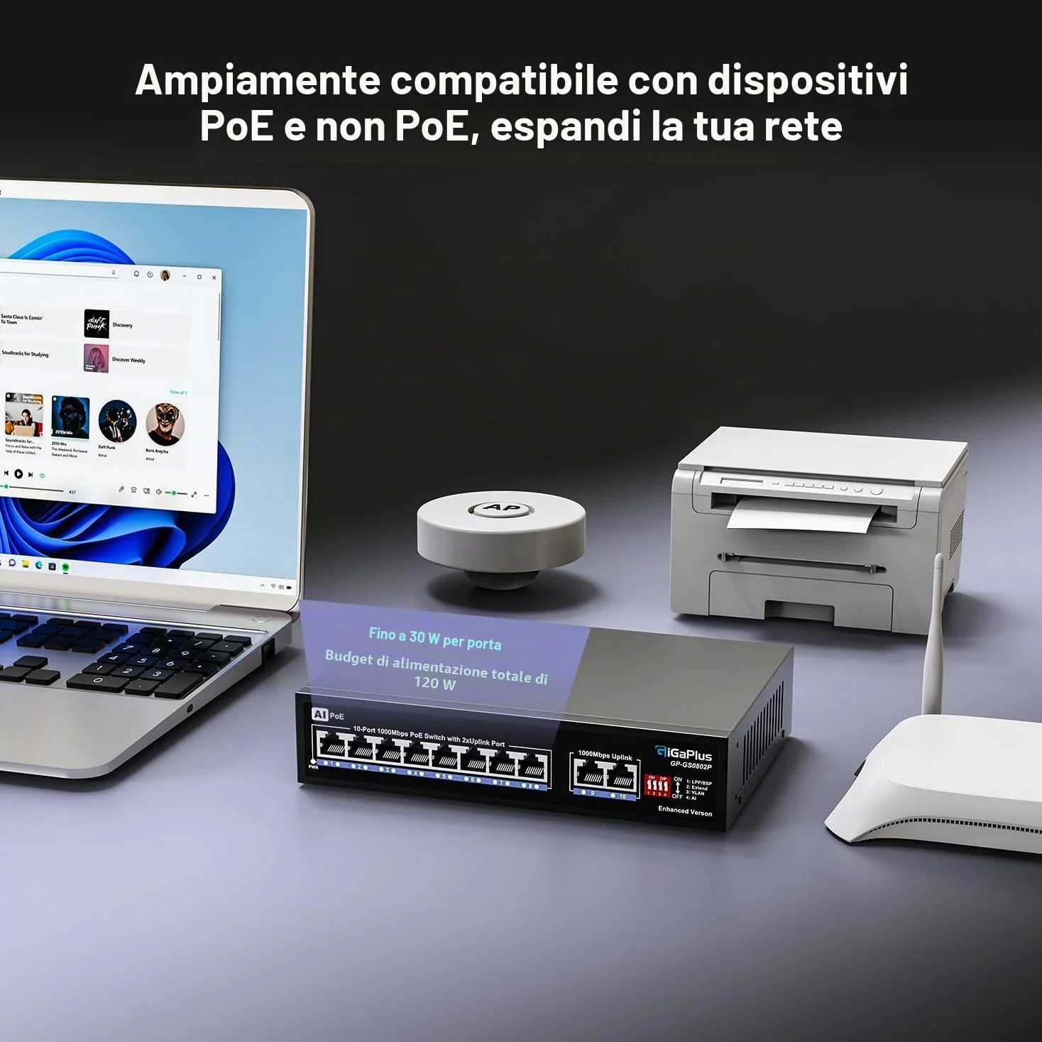 10 Port Gigabit PoE Switch with 8 Port PoE+ 1000Mbps, 2x1000Mbps Uplink, GiGaPlus 10 Port IEEE802.3af/at PoE @72W, Support VLAN, AI watchdog, Metal Housing, Desktop or Wall-Mount, Plug & Play