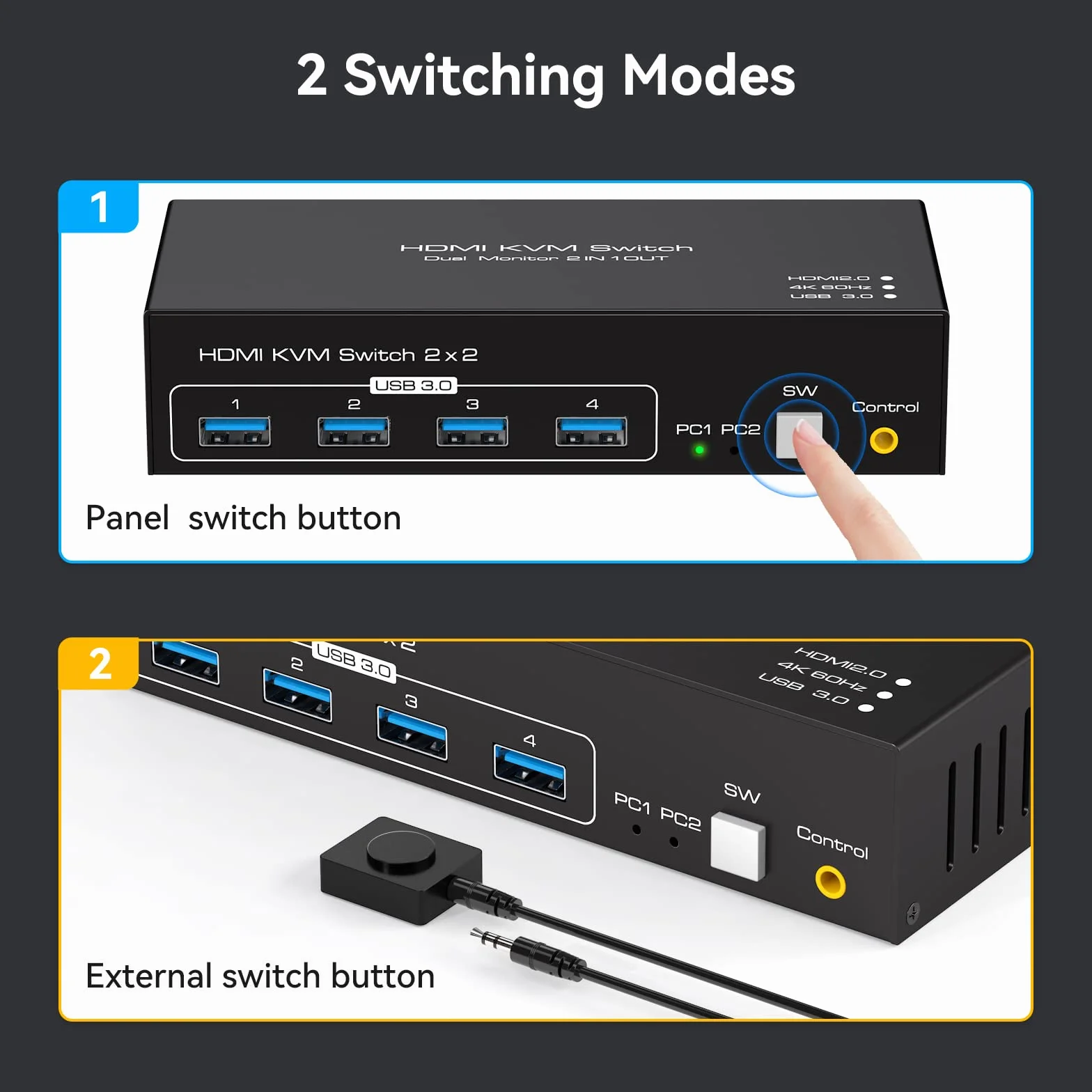 VPFET HDMI KVM Switch 2 PC 2 Monitor 4K60Hz KVM Switch Dual Monitor con 4 Porte USB Supporto Copia ed Estesa Visualizzazione e Controllo Desktop Incluso 2 Cavi USB3.0