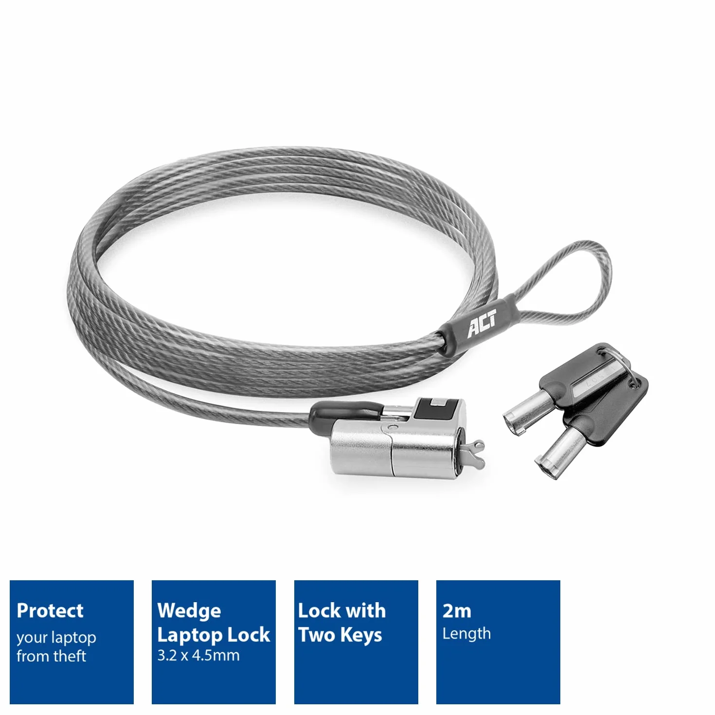 ACT AC9040 - Cavo di sicurezza per laptop, 2 m, con chiave, slot Wedge Slot per notebook, testa di blocco girevole, serratura per computer portatile, cavo antifurto