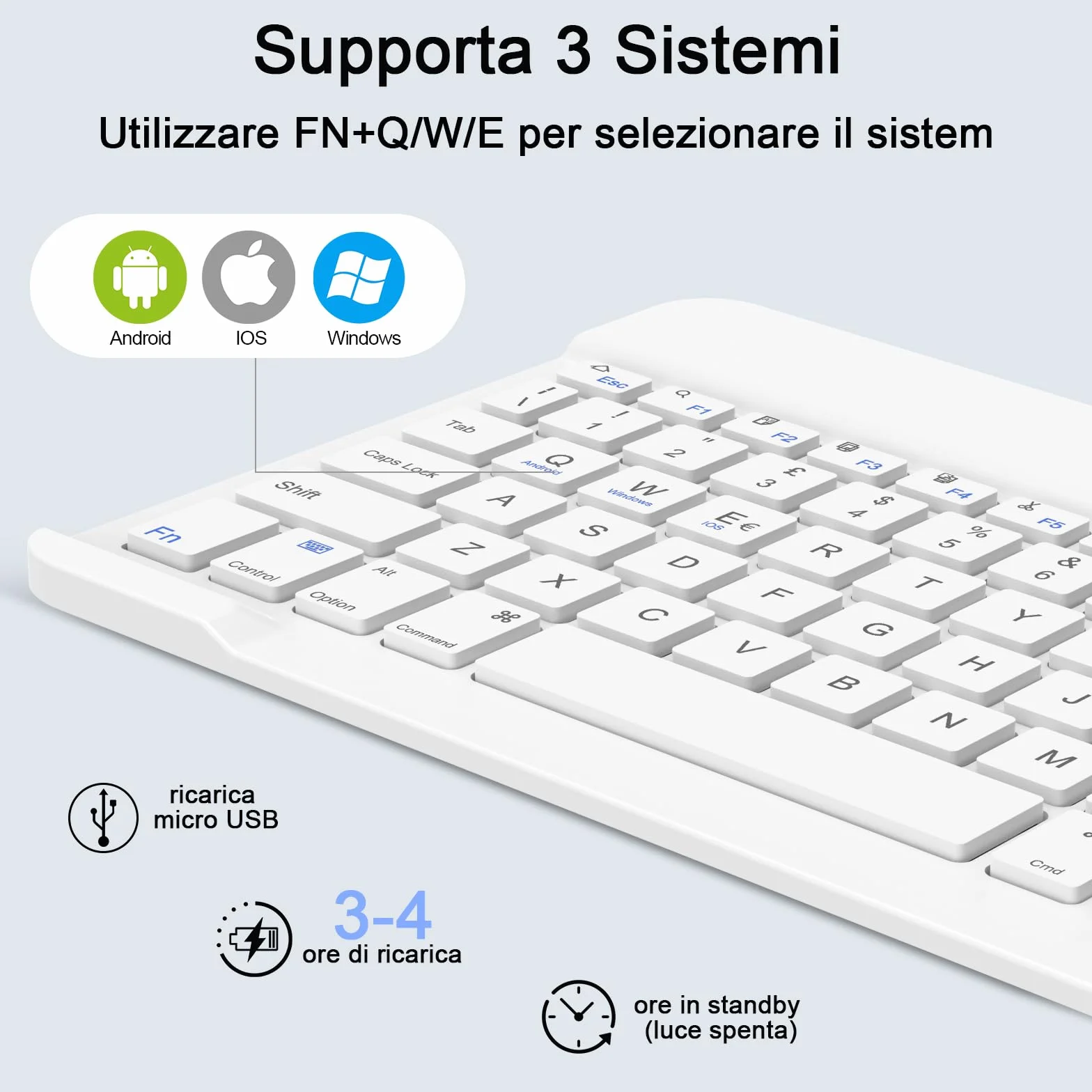 SOPPY Tastiera e Mouse Bluetooth Portatili, Universale Ricaricabile per Tablet, Wireless per iPad/Samsung Tab/Lenovo Tab/iOS/Android/Windows, Layout Italiano (Bianco)