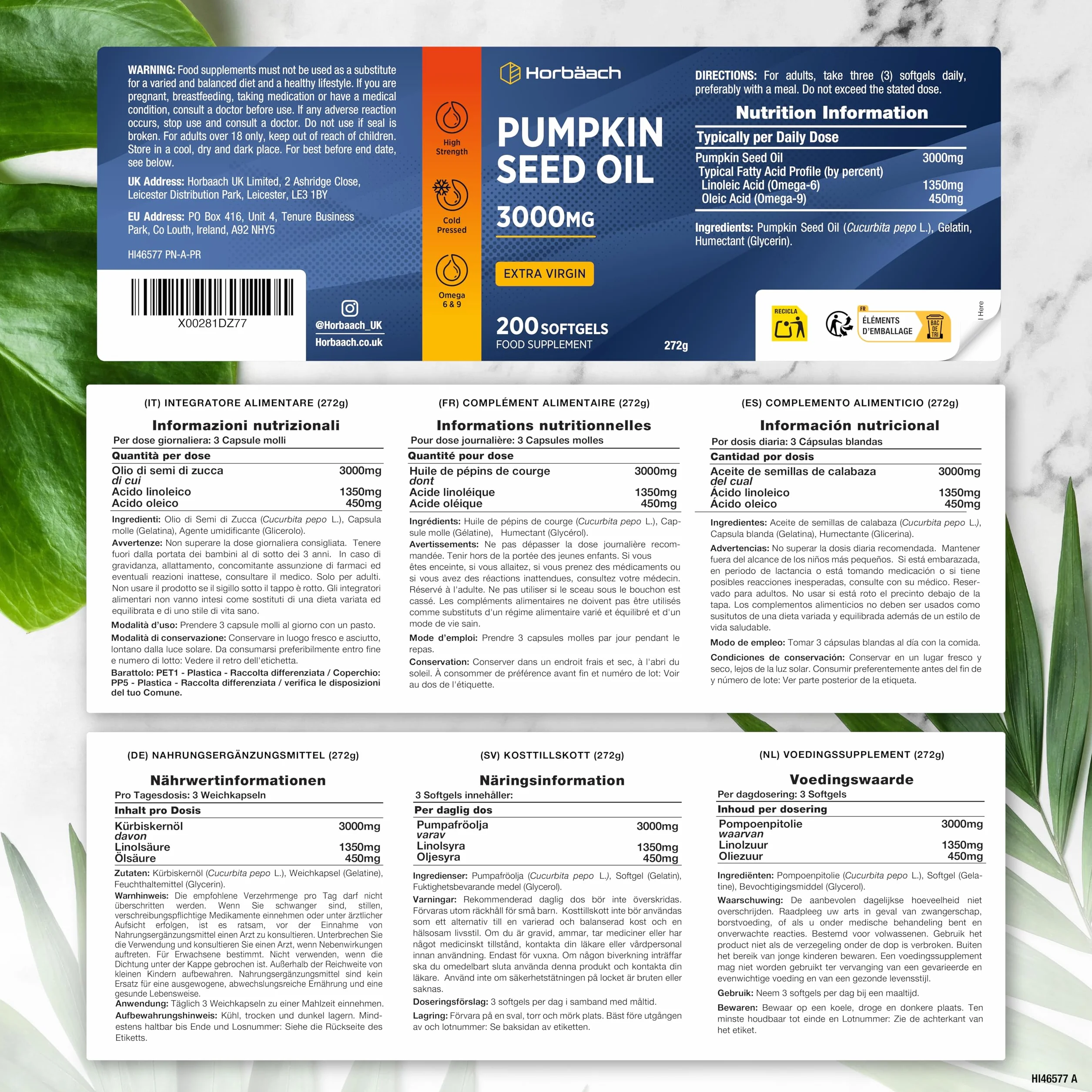 Olio di Semi di Zucca Capsule 3000 mg Horbaach Integratore 200 capsule molli