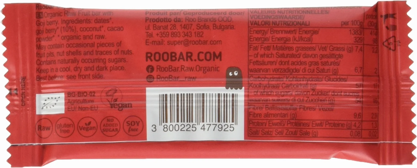 Roobar Barretta Cruda Bio Goji, 30 g