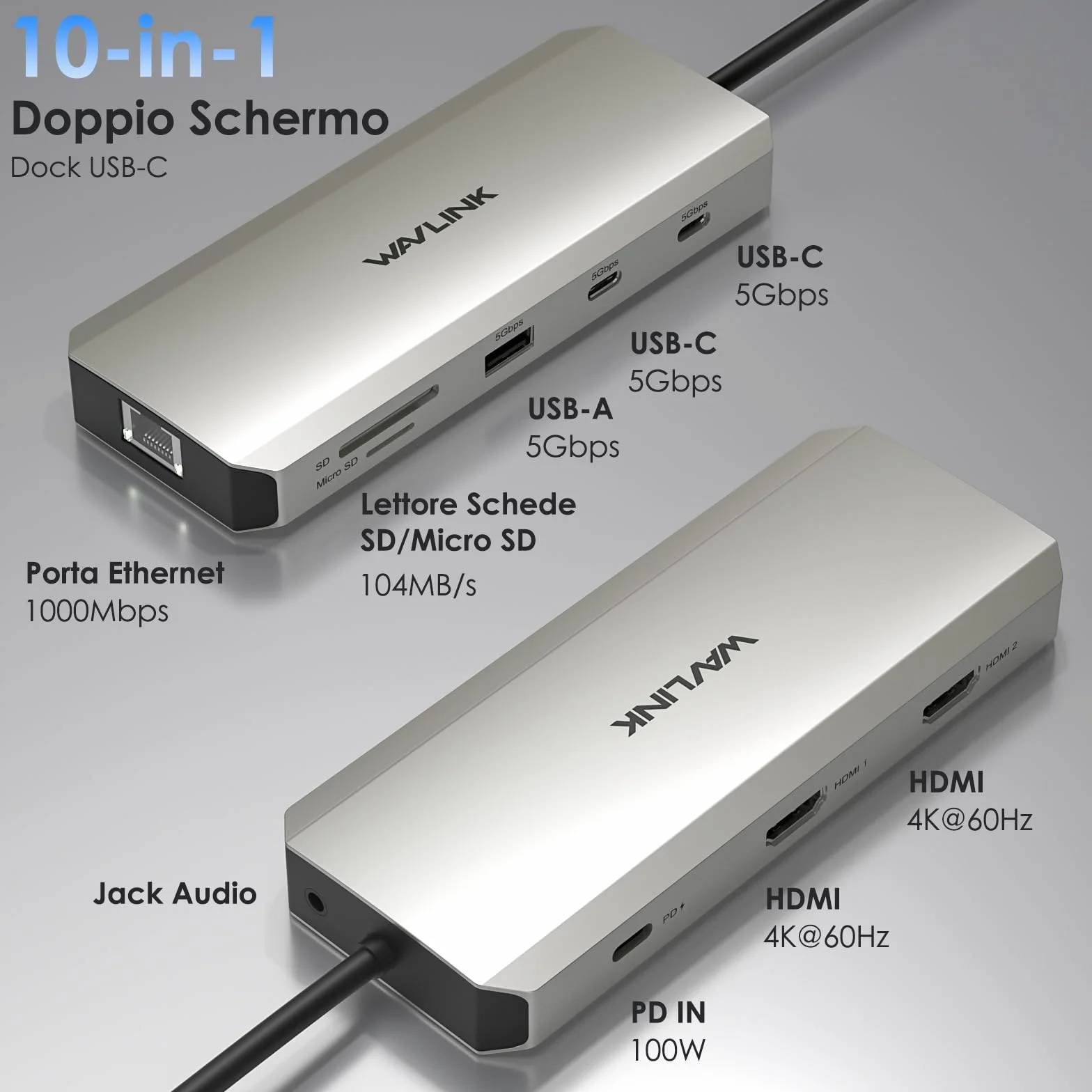 Docking station USB C WAVLINK 10 in 1 per laptop, doppio HDMI 4K@60Hz, USB A/C 3.0, lettore SD/TF, ingresso PD da 100W, Ethernet Gigabit, porta audio, compatibile con Dell, HP e Lenovo