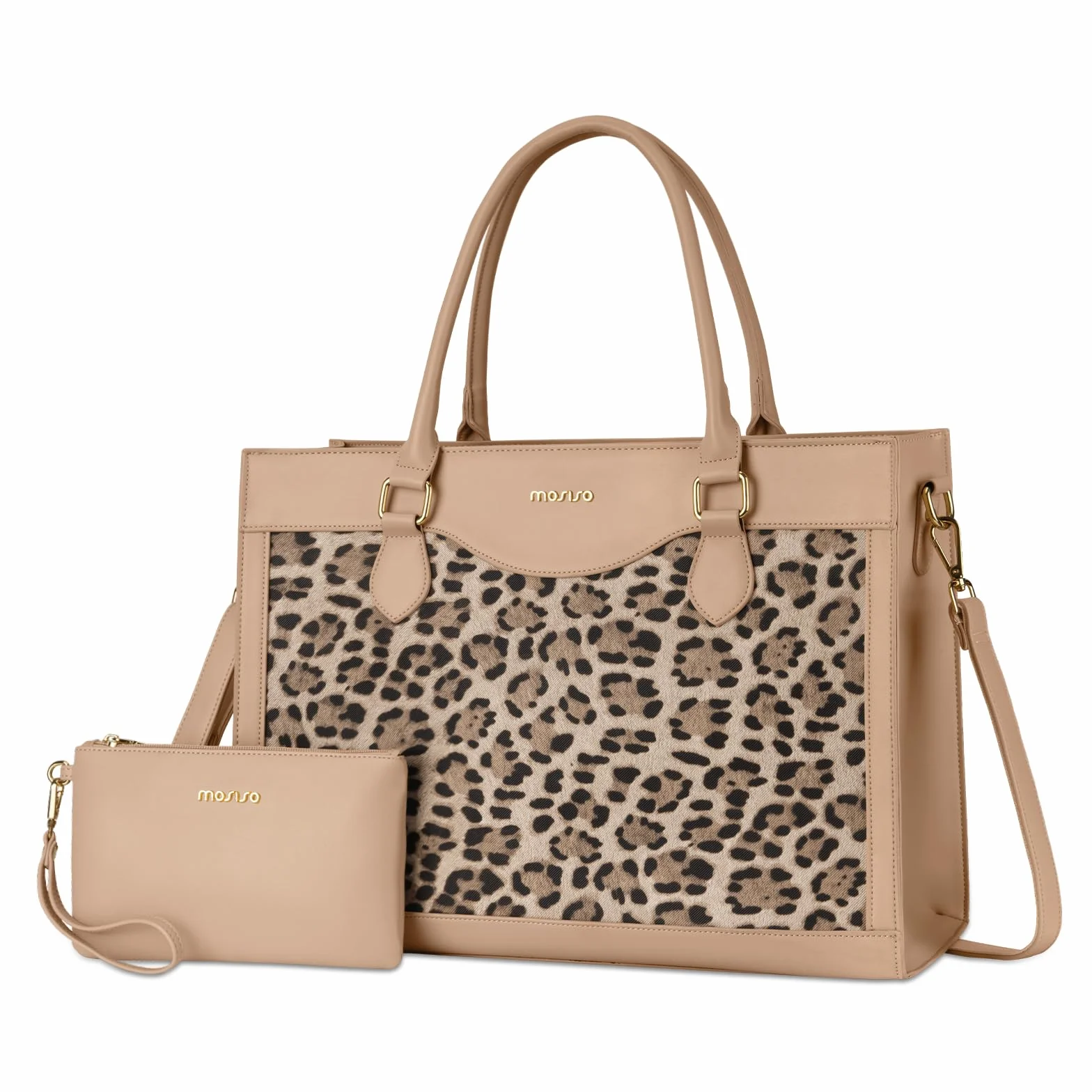 MOSISO 15,6 Pollici Borsa Tote Laptop con Grande Capacita, Custodia Laptop Pelle PU con Grana Leopardata Donna e Pochette, Borsa Computer Impermeabile, Valigetta Lavoro Ufficio, Albicocca