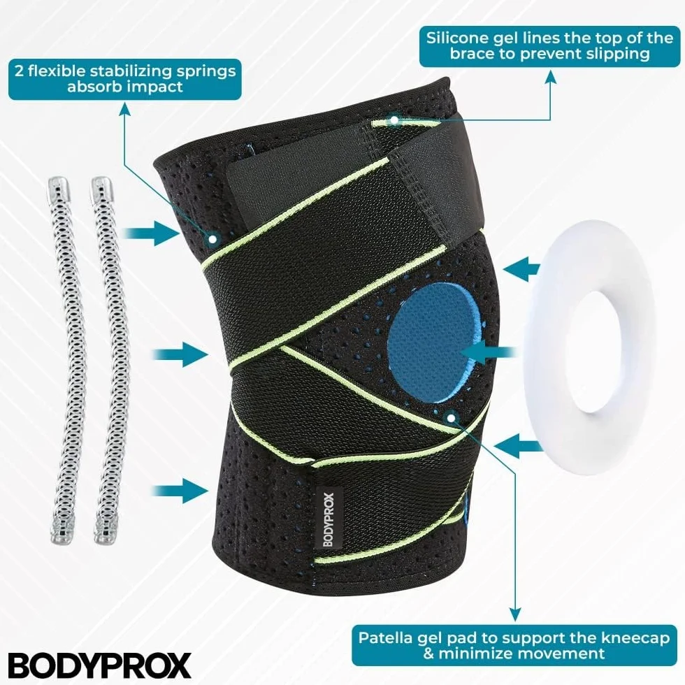 Bodyprox Tutore per ginocchio con stabilizzatori laterali e cuscinetti in gel per rotula, supporto per artrite (L)