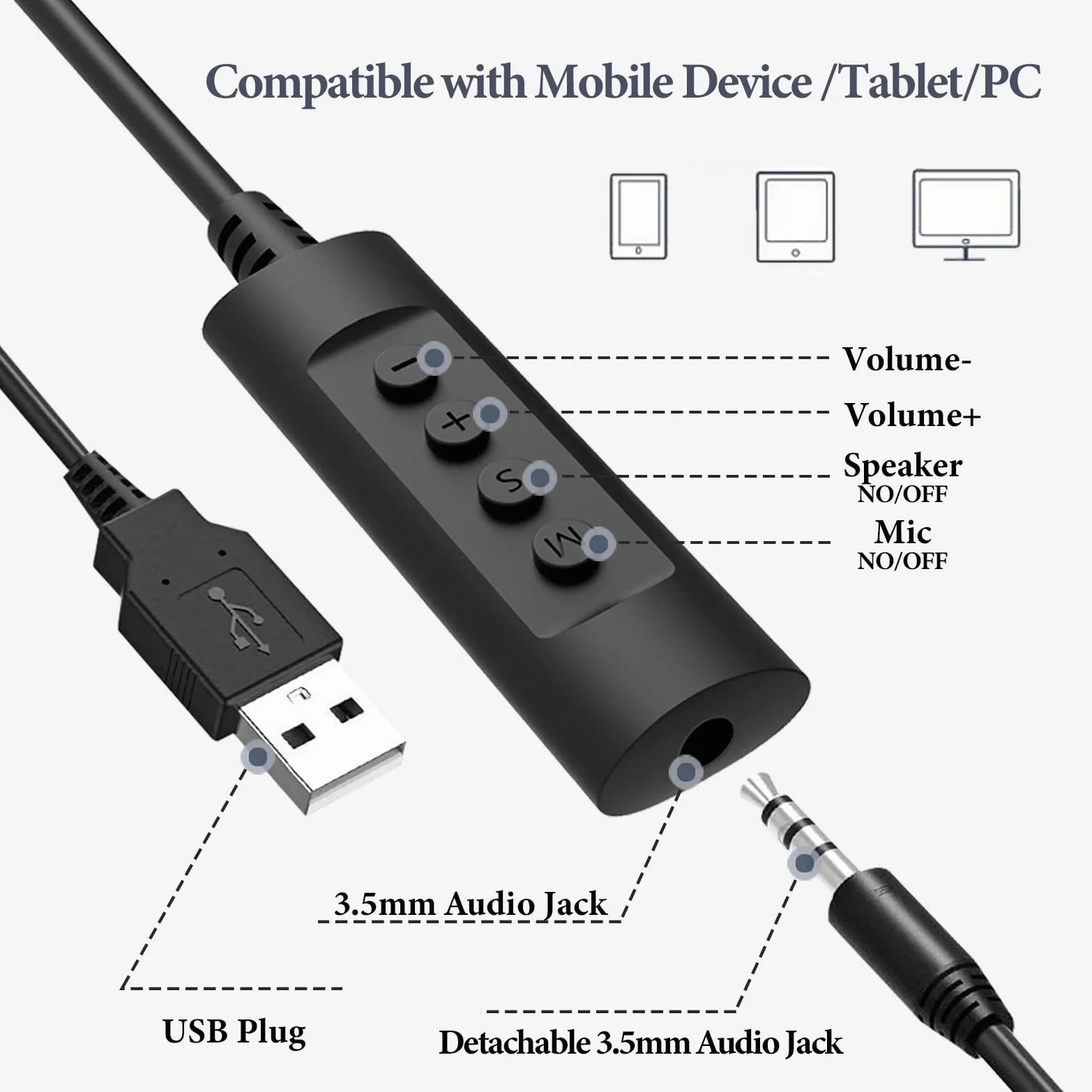 Geekria Cuffie USB con microfono, pulsante mute e controllo del volume, cuffie leggere con cavo per computer, cuffie on-ear con microfono ad asta e spina staccabile da 3,5 mm, confezione da 3, colori