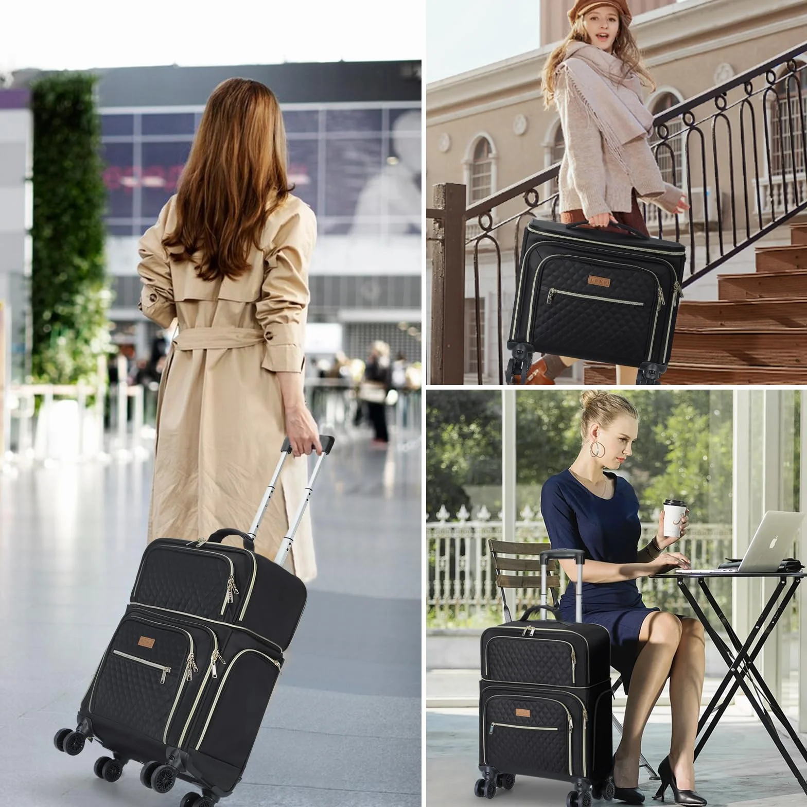 Lekeinchi Trolley Bagaglio a Mano 55x40x20 Espandibili 25-38L Valigia con 6 Tasche Organizer per Laptop Nero