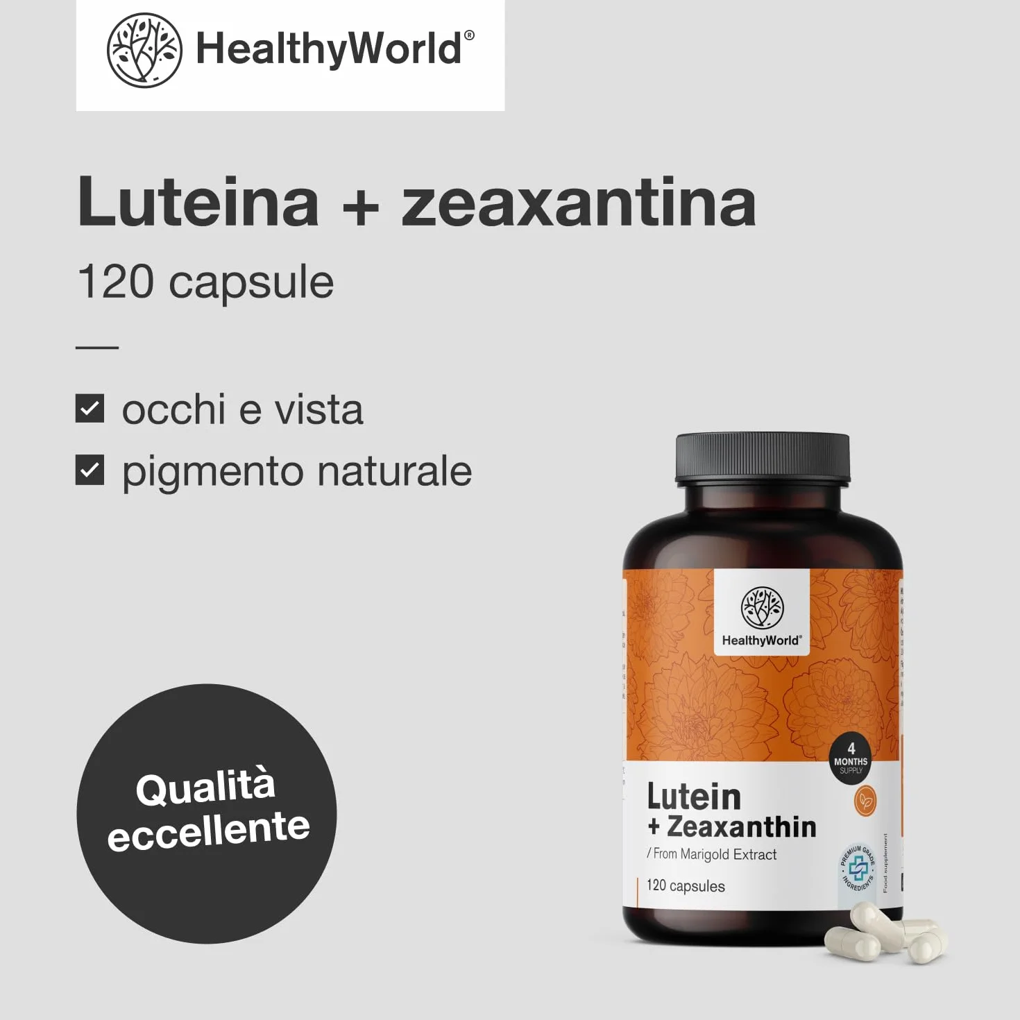 HealthyWorld® Luteina + Zeaxantina 120 Capsule Vegetali 32 mg Luteina 2 mg Zeaxantina Supporto Vista Occhi