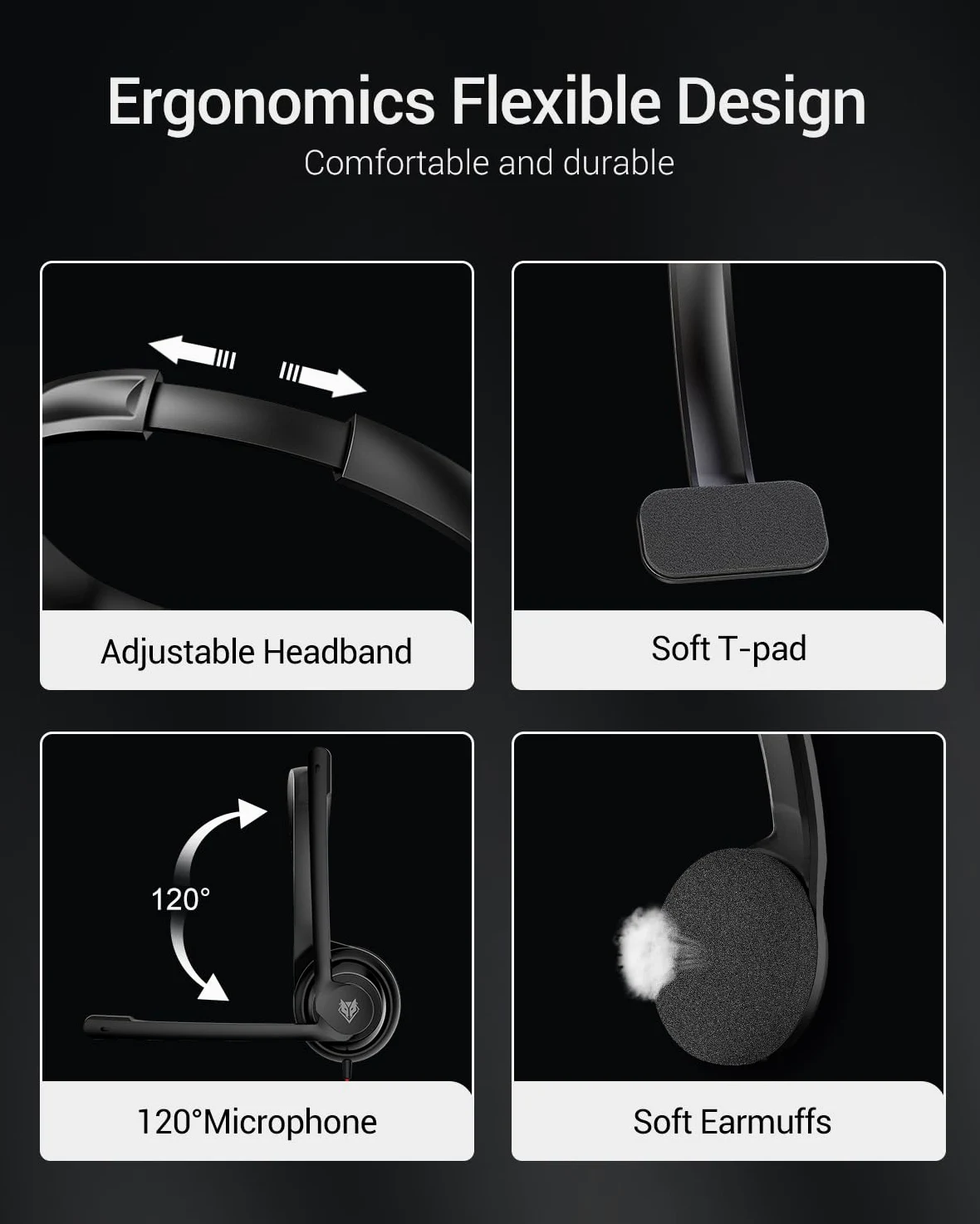 NUBWO HW02 - Cuffie USB con microfono con cancellazione del rumore e controllo in linea, super leggere, ultra confortevoli, per computer portatili, PC, cuffie per call center da ufficio cablate per
