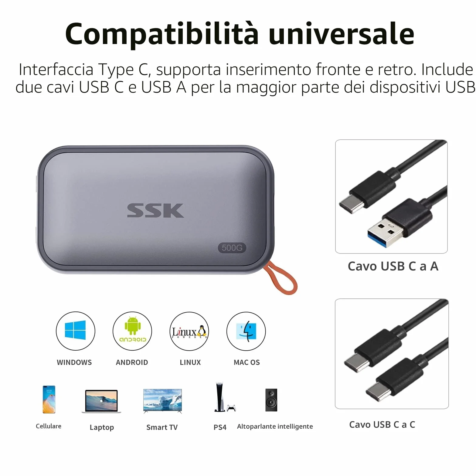 SSK SSD NVME portatile da 500 GB, velocità di trasmissione estrema fino a 1050 MB/s Unità a stato solido esterna USBC 3.2 Gen2 SSD esterno per PS5, xBOX, laptop, MacBook/Pro/Air e altro