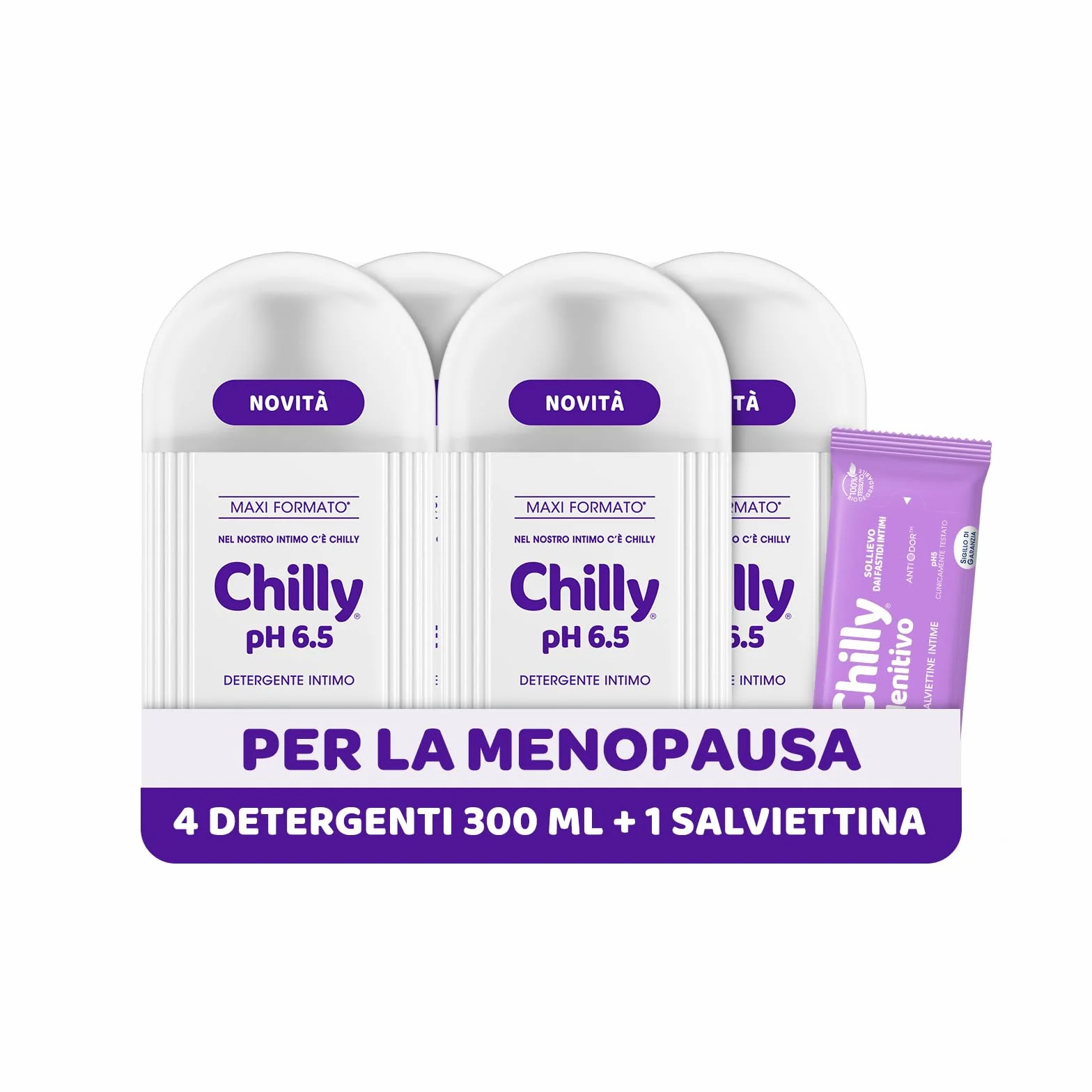 Chilly Detergente Intimo pH 6.5 Nutriente Menopausa Anti-Odor Igiene Intima Acido Ialuronico Idratante 4x300 ml