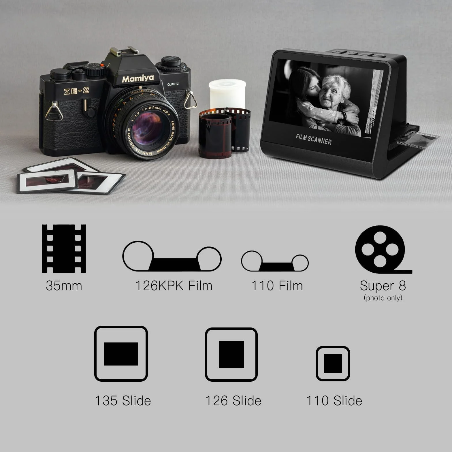 Scanner digitale per pellicola con grande schermo LCD da 5 pollici, All-in-One 22 MP Film & Slide Scanner converte 35 mm/126KPK/110 Film e 135/126KPK/110/Super 8 diapositive in foto digitali