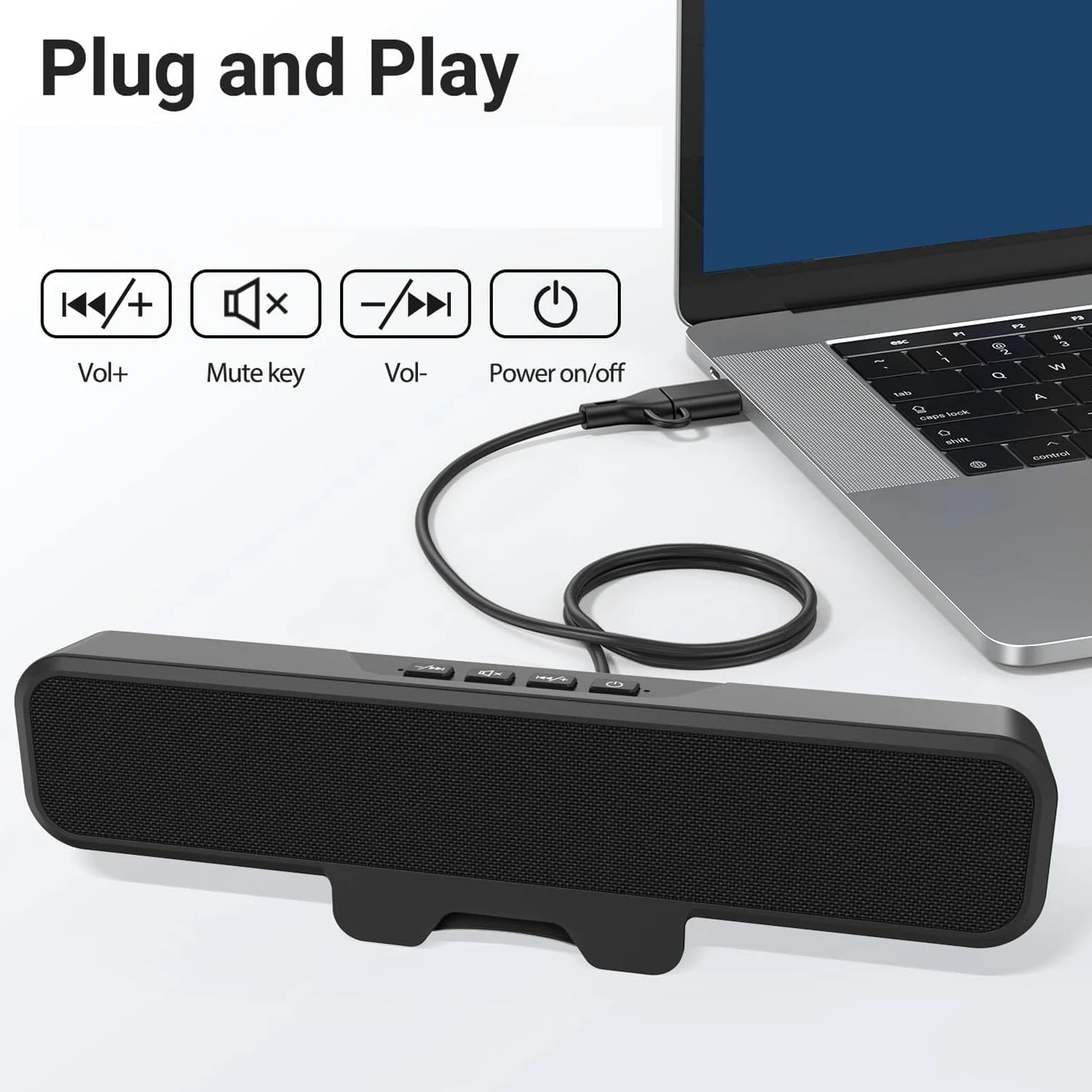 Asixxsix Altoparlanti per Computer da 10 W per PC Desktop | Adattatore da USB A A USB C Integrato, Monitor Facile da Agganciare, Barra Altoparlante Stereo, con Tasto di Disattivazione