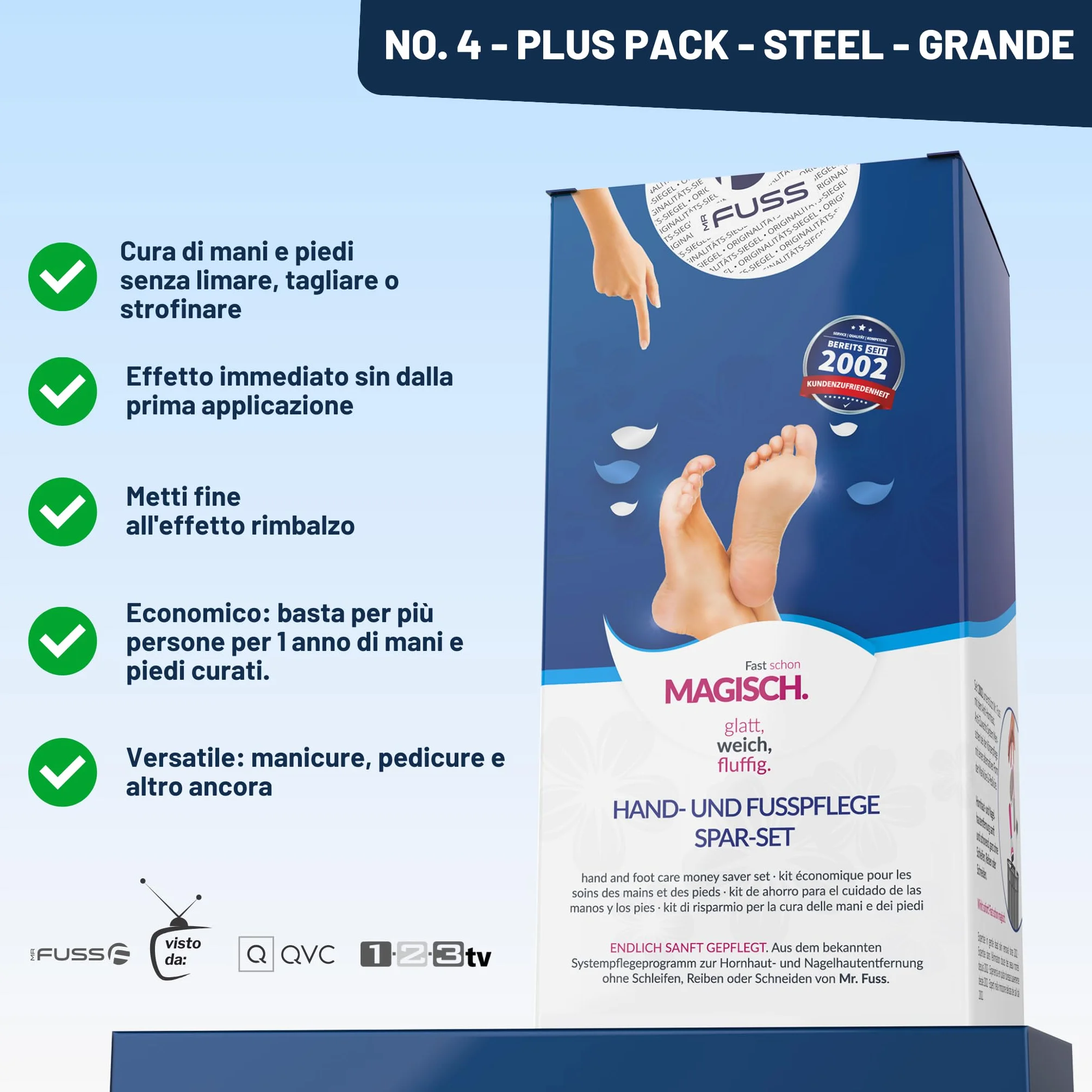 Mr. Fuss N. 4 Plus Pack Steel - Confezione da 3 pezzi 500 ml, per cuticole e calli, raschietto in acciaio inox