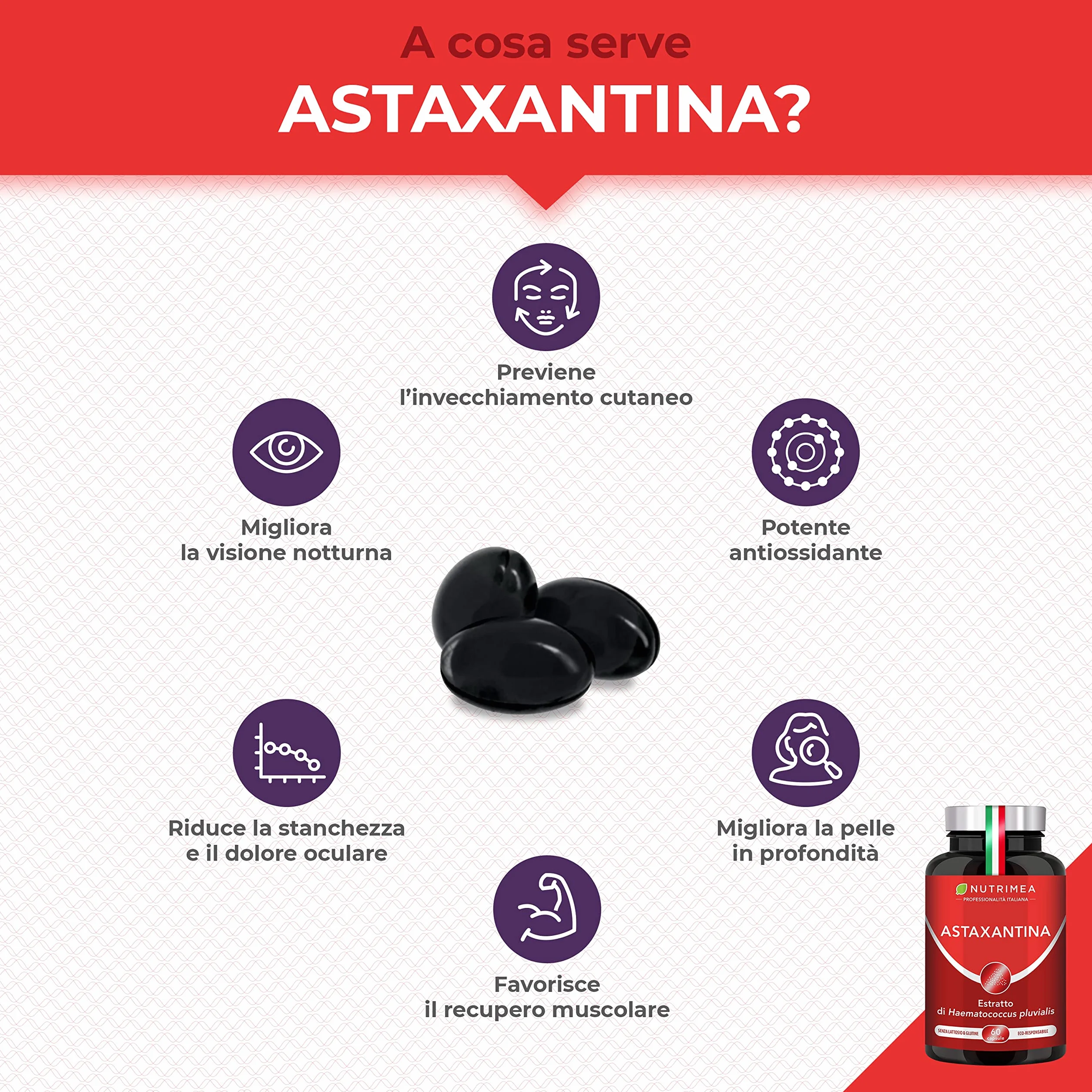 Astaxantina Pura 40 mg Haematococcus Pluvialis Antiossidante 60 Capsule Softgel