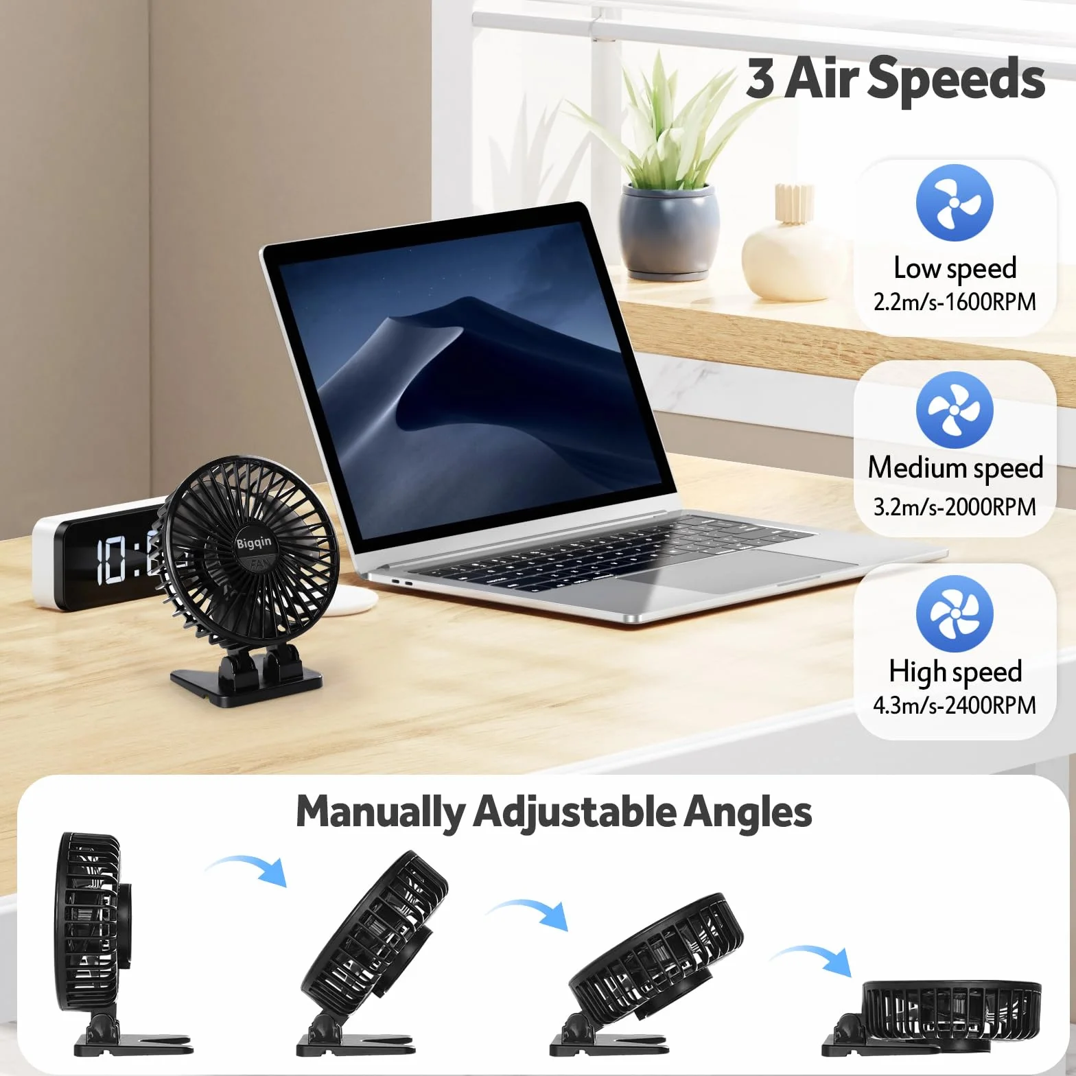 Mini Ventilatore Portatile, Ventola Silenziosa USB, 3 velocità in un Pulsante, Piccolo Ventilatore Potente, Mini Ventilatore ad Angolo Regolabile per Tavolo da Ufficio,Nero