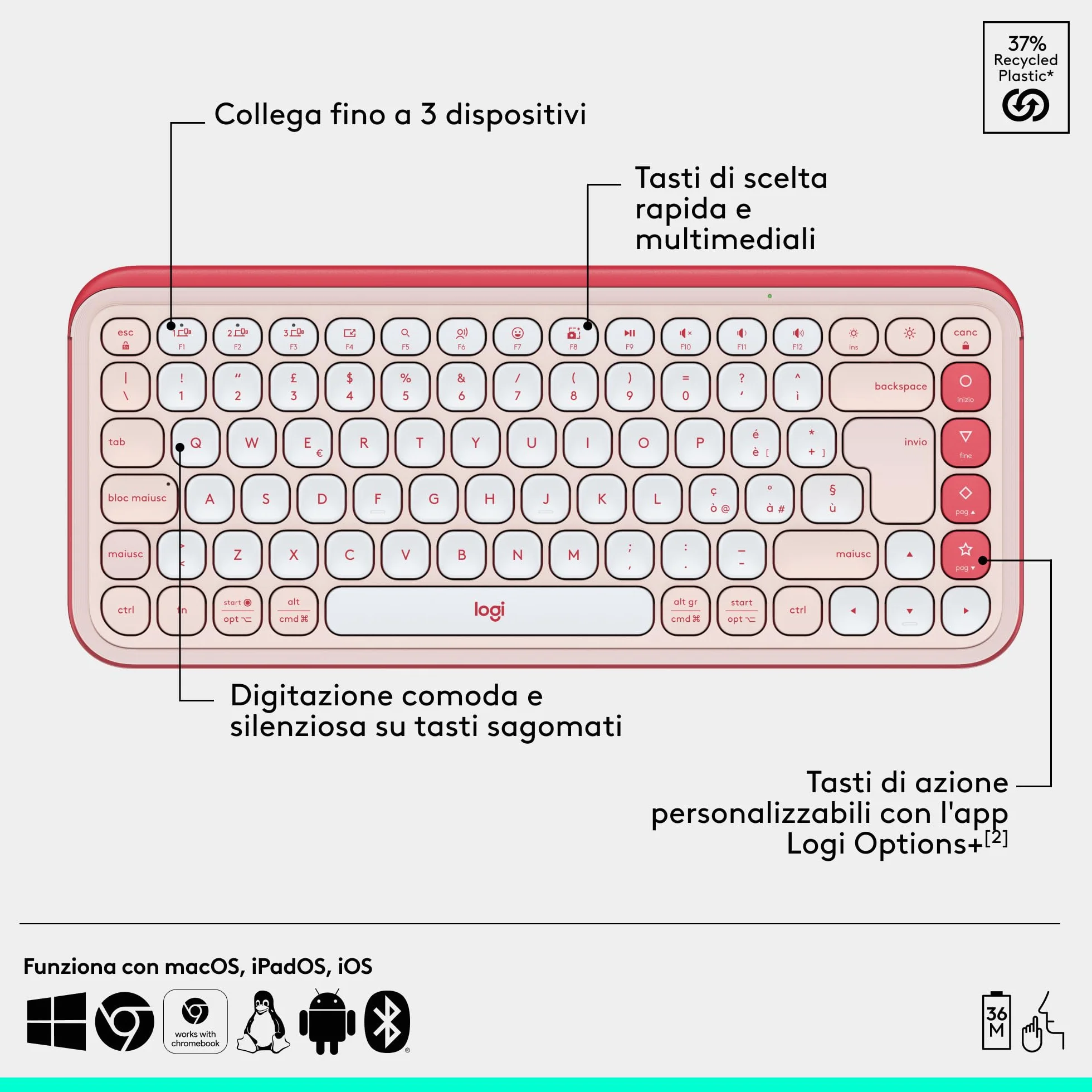 Logitech Pop Icon Combo, kit mouse e tastiera Bluetooth, digitazione comoda, tasti e pulsanti programmabili, clic discreti, Easy-Switch fino a 3 dispositivi, ITA QWERTY – Rosa