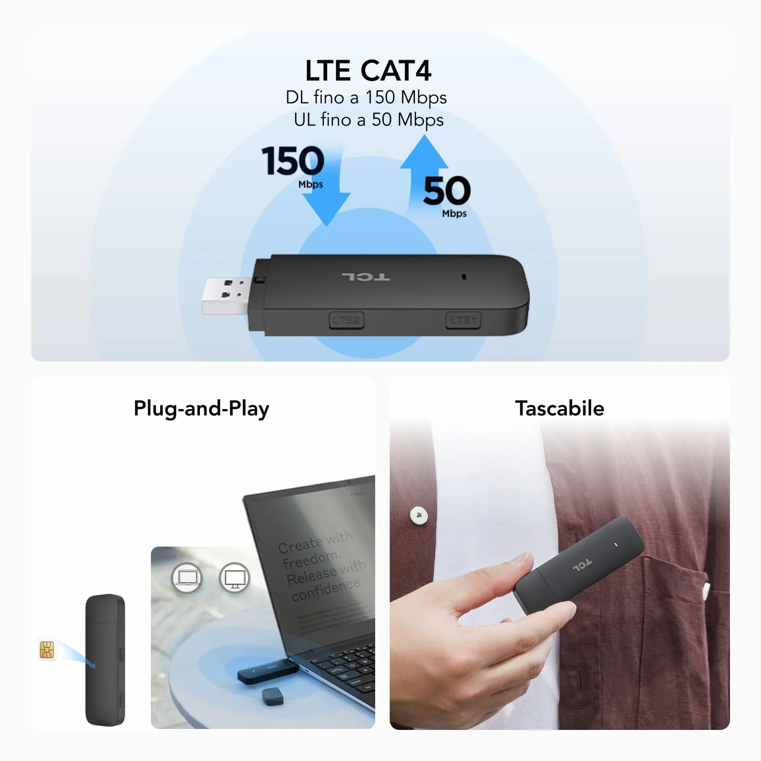 TCL LINKKEY IK41 Dongle USB 4G LTE 150 Mbps Plug-and-Play Nero