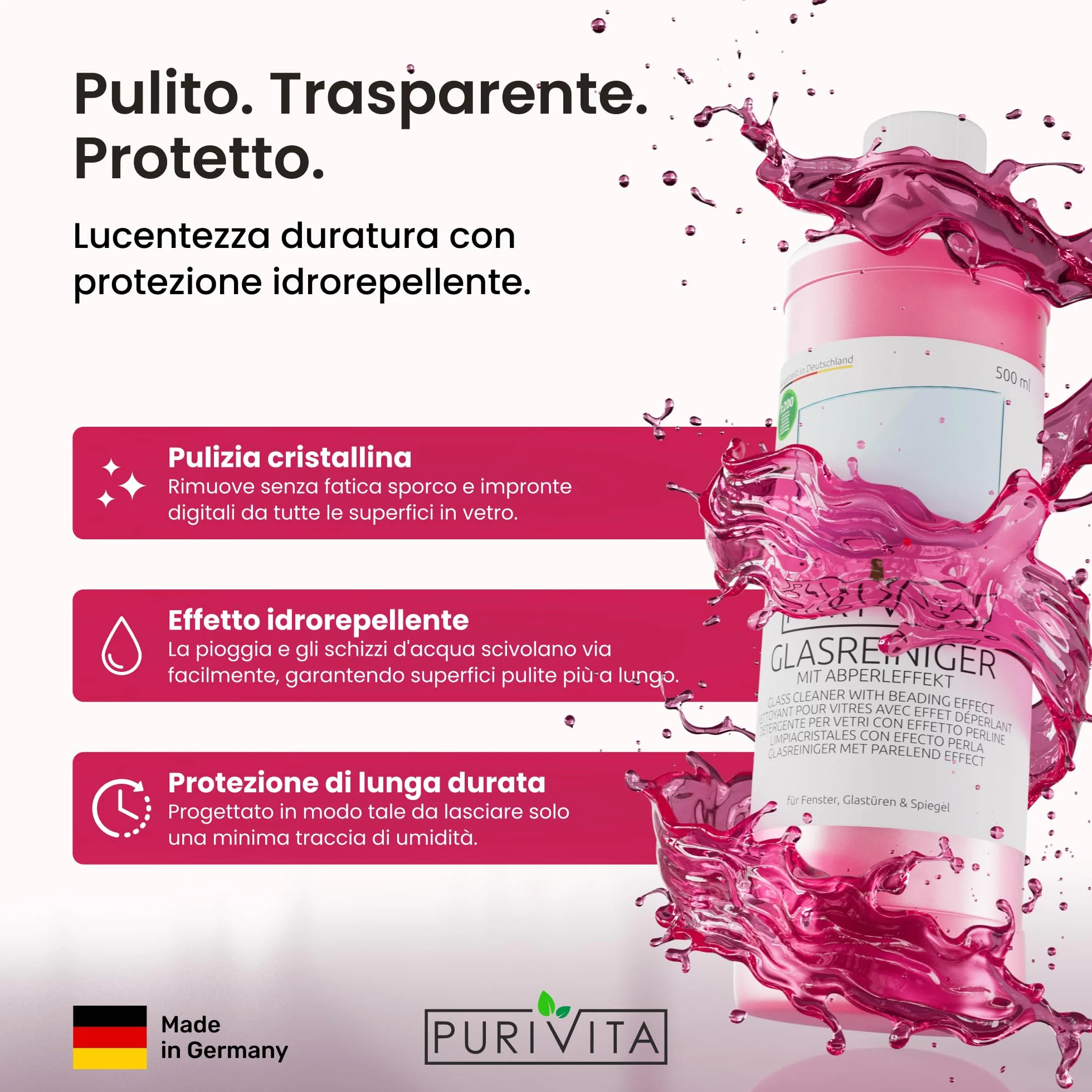 PURIVITA® Detergente per Vetri Concentrato 1:200 500ML - Idrorepellente Scudo Antigoccia per Finestre, Specchi e Box Doccia