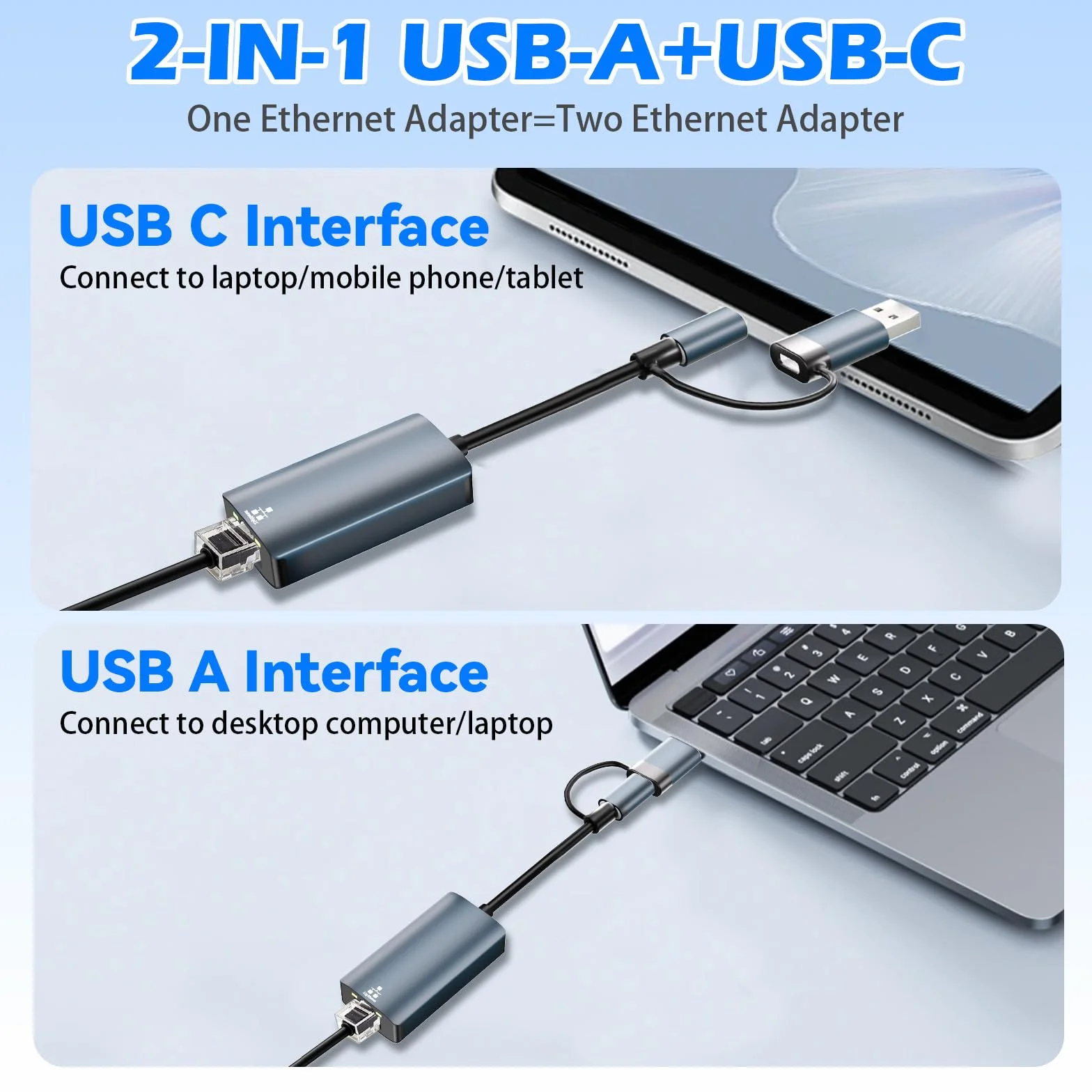 Adattatore USB Ethernet 2.5G，adattatore di rete 2 in 1 USB-C Ethernet 100/1000/2500 Mbps, 2500Mbps USB C Ethernet Adapter, Plug & Play,per Win 11/10/8/7, XP, Mac OS, Linux