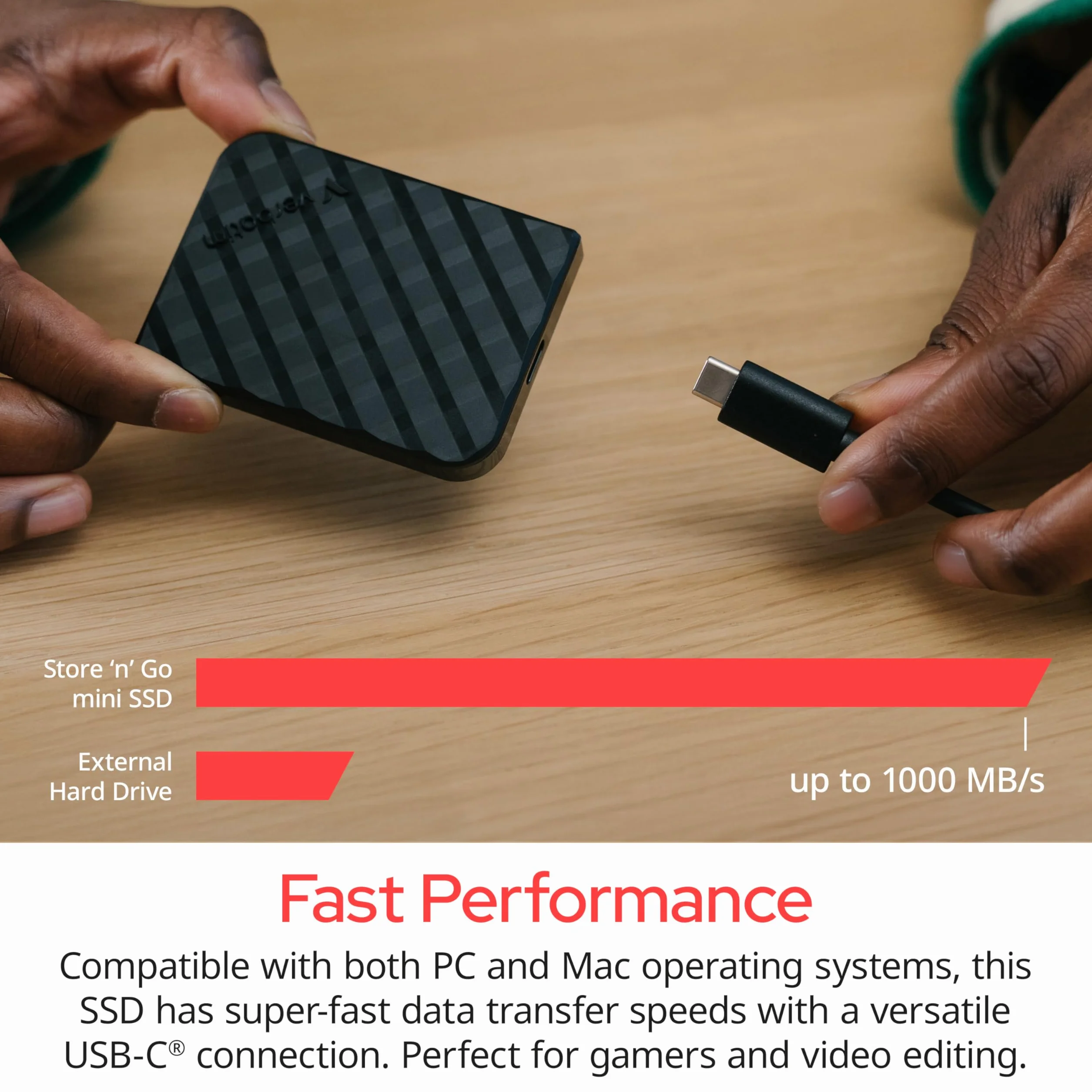 Verbatim Store 'n' Go Mini Diamond Portable SSD 512GB, USB 3.2 Gen 1 con adattatore USB-C 1000MB/s, compatto 35g, trasferimento dati ad alta velocità, software di backup nero, per PC e Mac, nero