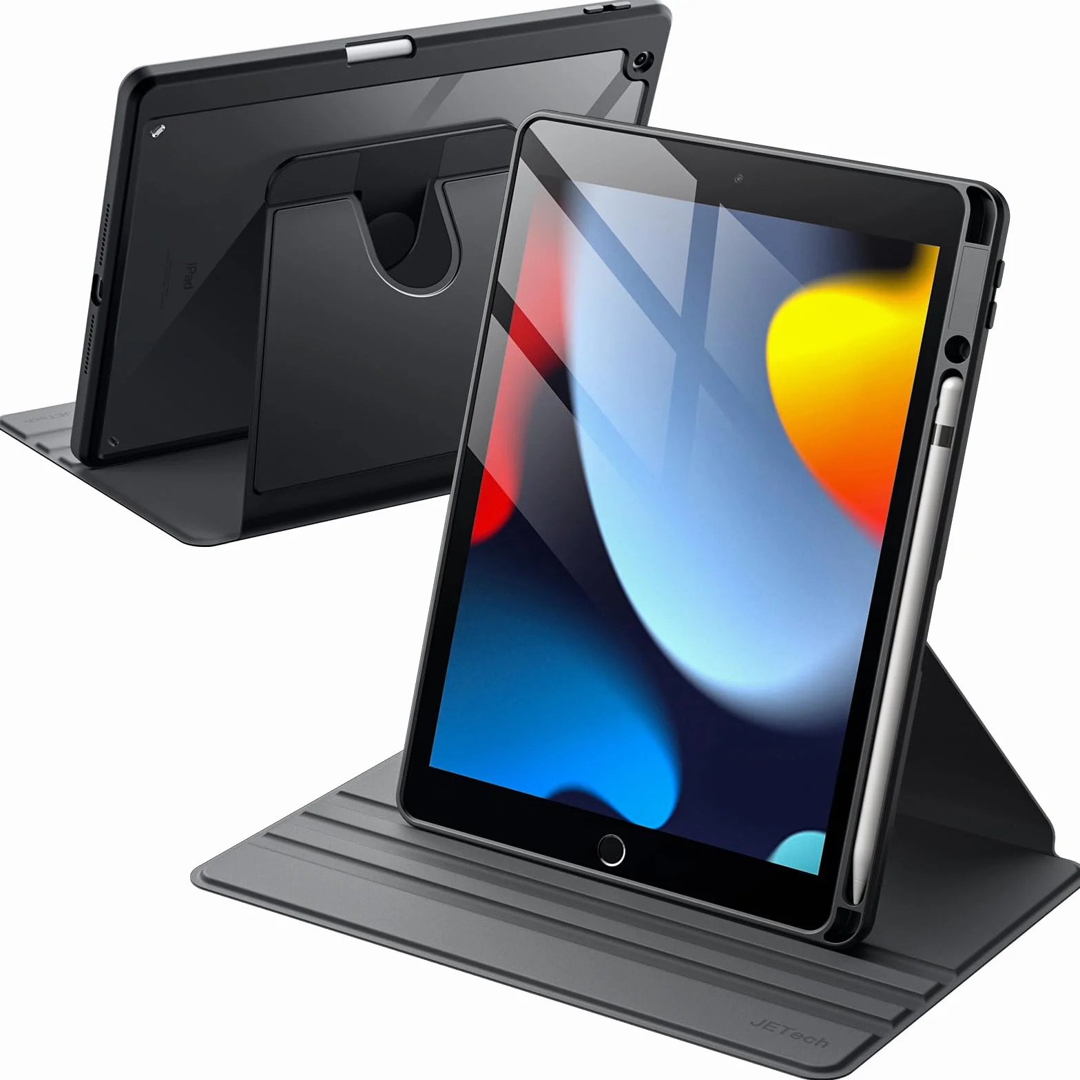 JETech Rotante Custodia per iPad 9/8/7 10,2 Pollici 2021/2020/2019 con Portapenne 360 Gradi Rotazione Cover Nero