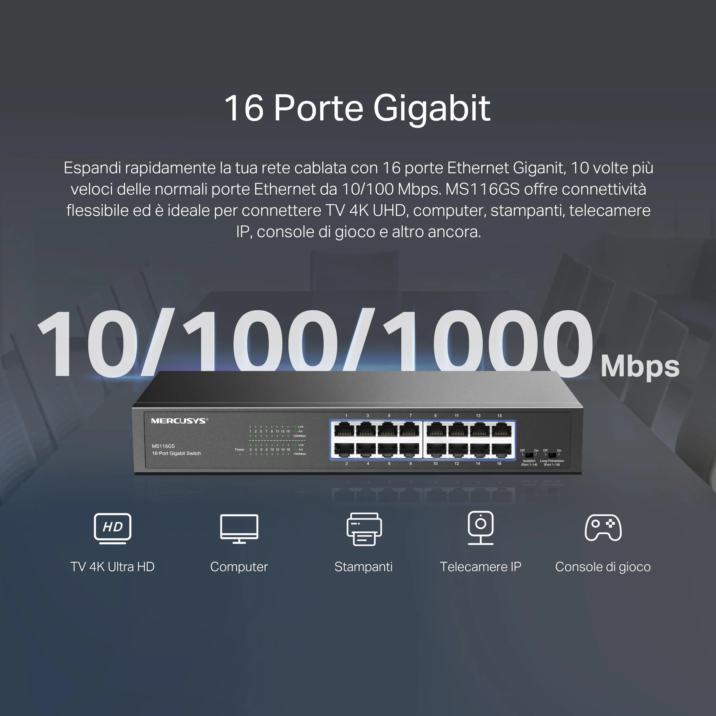 TP-Link Mercusys MS116GS Switch Gigabit 16 Porte, Montaggio Desktop o Rack, Plug & Play, Priorità del Traffico, Prevenzione Loop, Modalità di Isolamento, Funzionamento Silenzioso, Case in Metallo