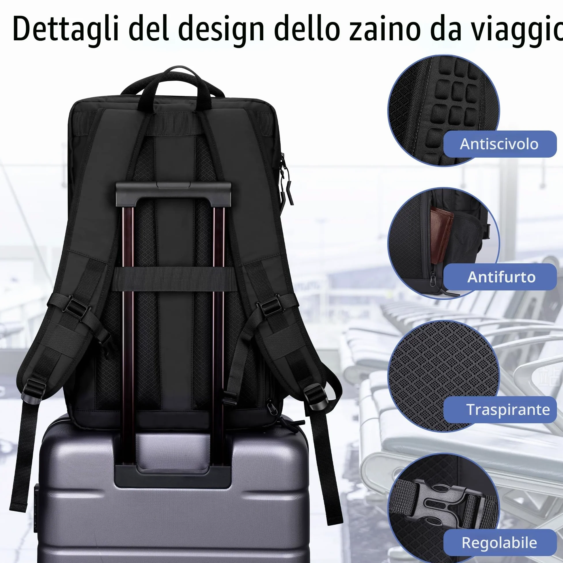 HOMIEE Zaino da Viaggio 40L Grande Zaino Bagaglio a Mano con Scomparto per Scarpe Resistente All'acqua Zaini Porta PC 17,3 Pollici con Porta USB Zaini Aereo Omologato per il Volo