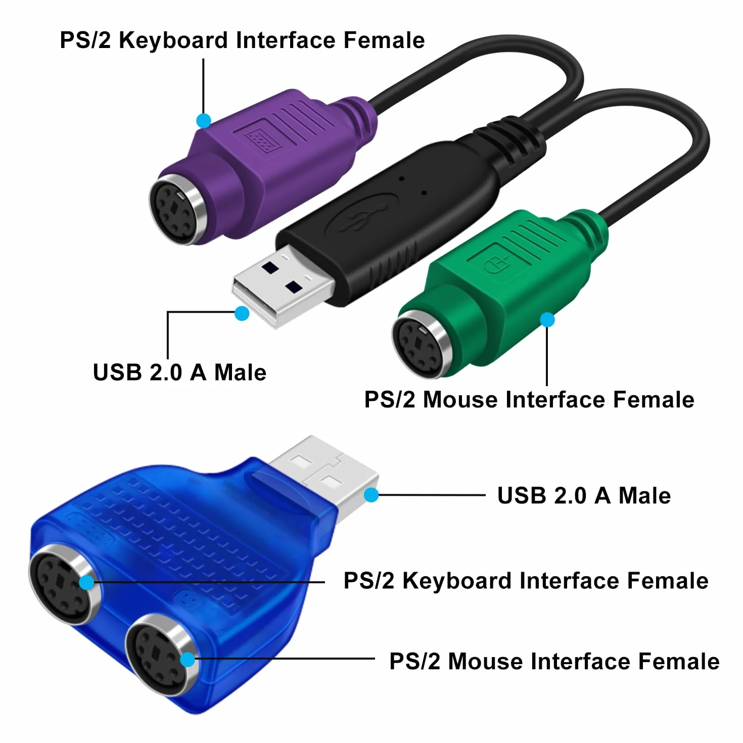PS2 to USB Adapter Keyboard Adattatore PS2 USB Tastiera e Mouse con Chip Integrato Non Richiede Driver Plug and Play 18cm (Cavo+Adattatore)