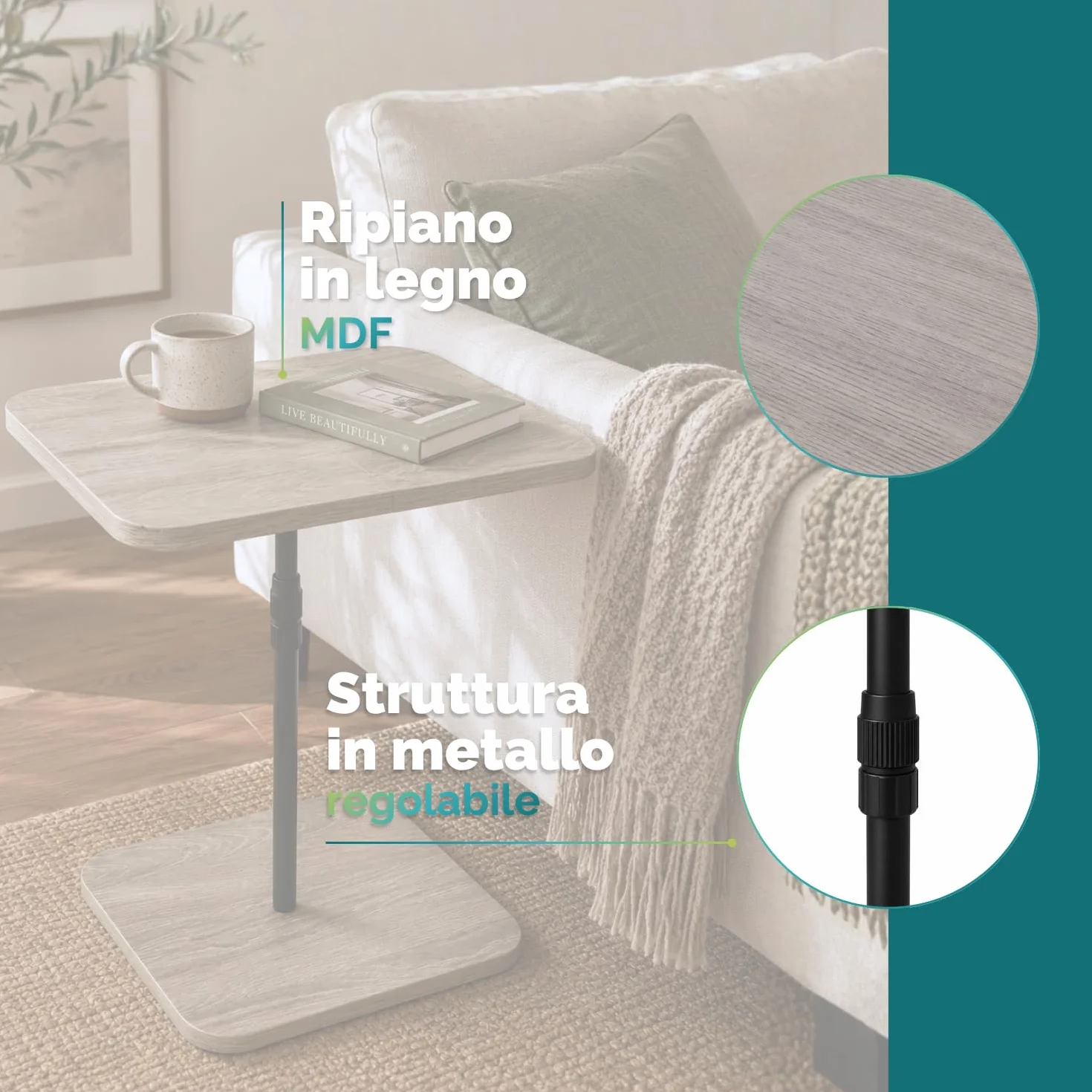 PALUPLUS Tavolino per Divano in Legno MDF, Misura 45x29 cm e Altezza Regolabile 48-80 cm, Tavolo da studio, Lavoro, Supporto per Laptop, Tavolo Servipranzo Letto, Supporto per Pc -9192F -3,4