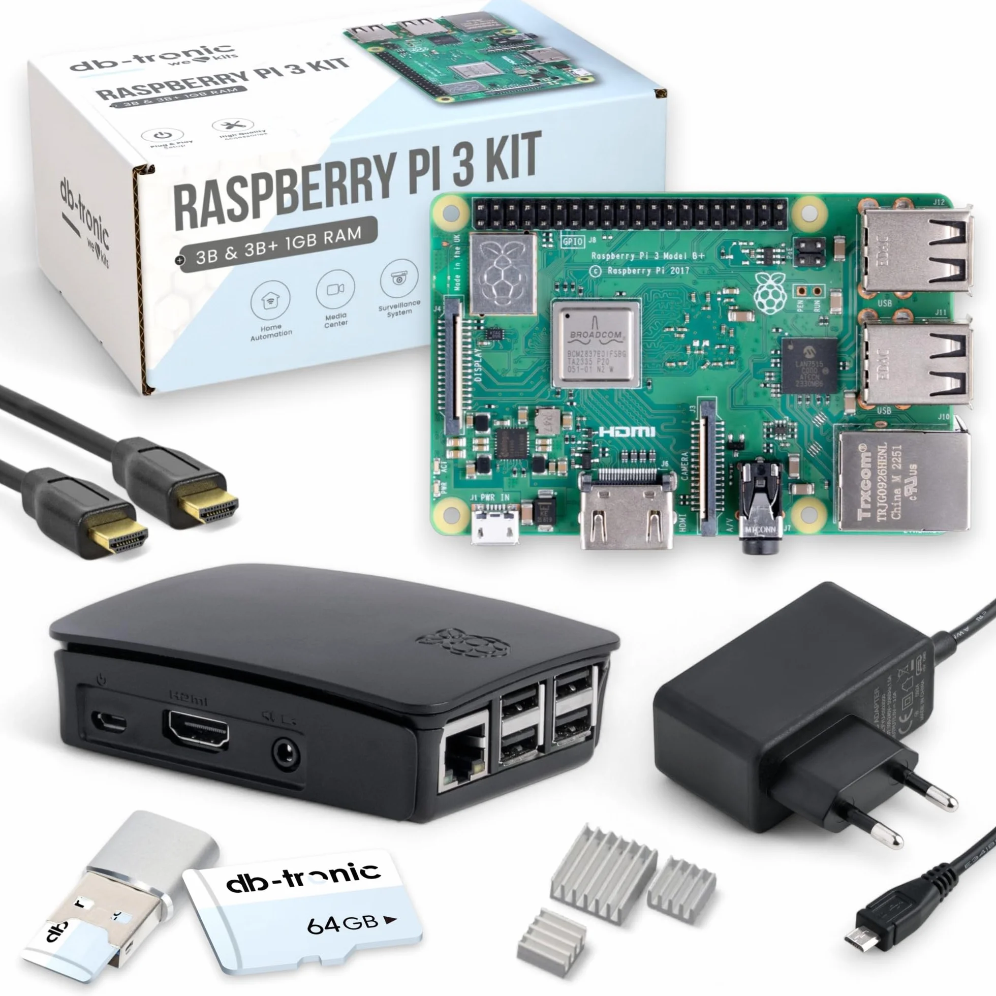 Raspberry Pi 3 B+ Starter Kit 64 GB Alimentatore 13W Alloggiamento Cavo HDMI 4K per Home Assistant Smart Home