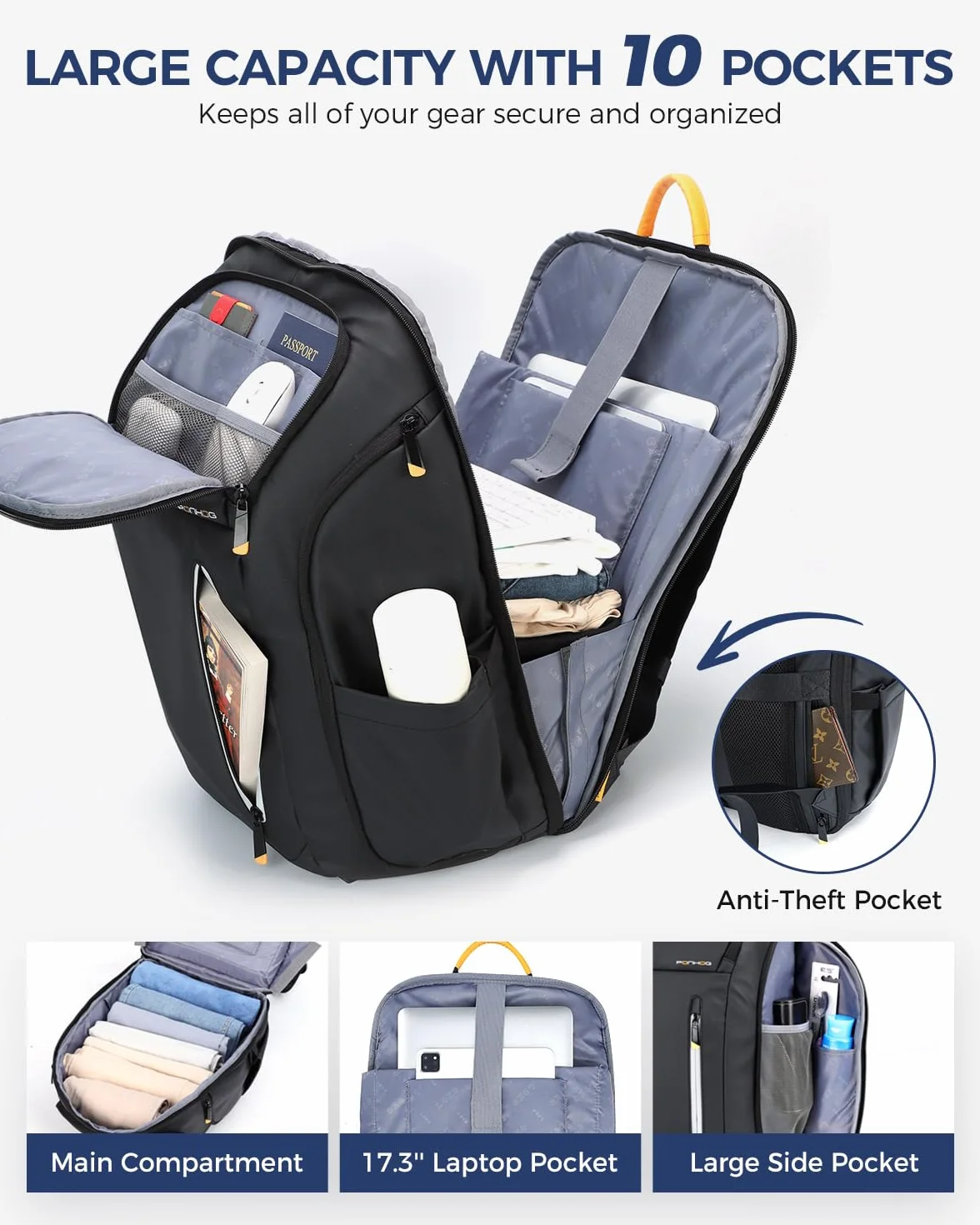 Ponhog Zaino Uomo Porta PC 17 Pollici - Zaino da Viaggio 900D Idrorepellente, Apertura 180° e Design Antifurto, Capacità 30L, Nero
