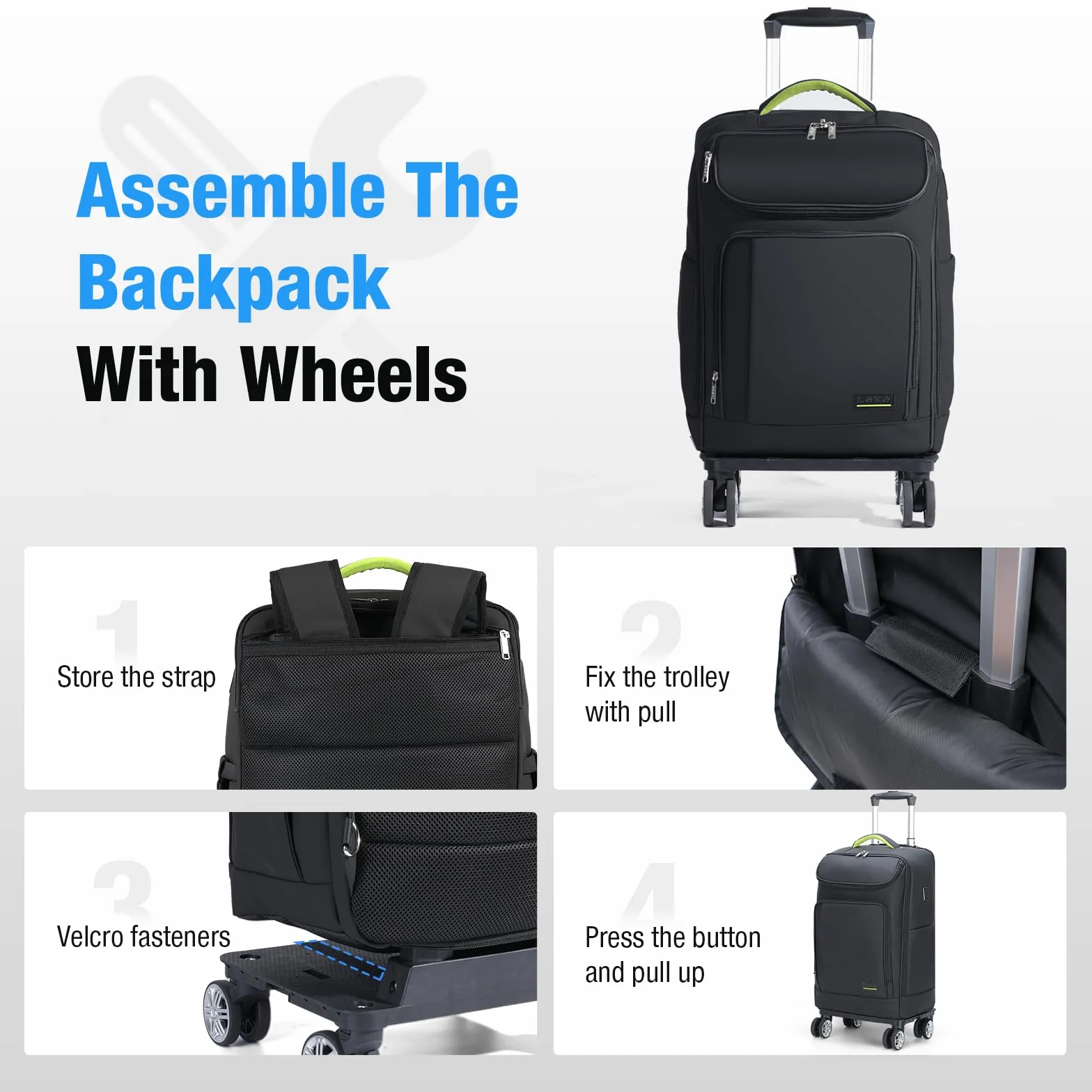 Borsa per Laptop 17.3 Pollici con Ruote Sganciabile, Trolley da Viaggio Impermeabile Nero