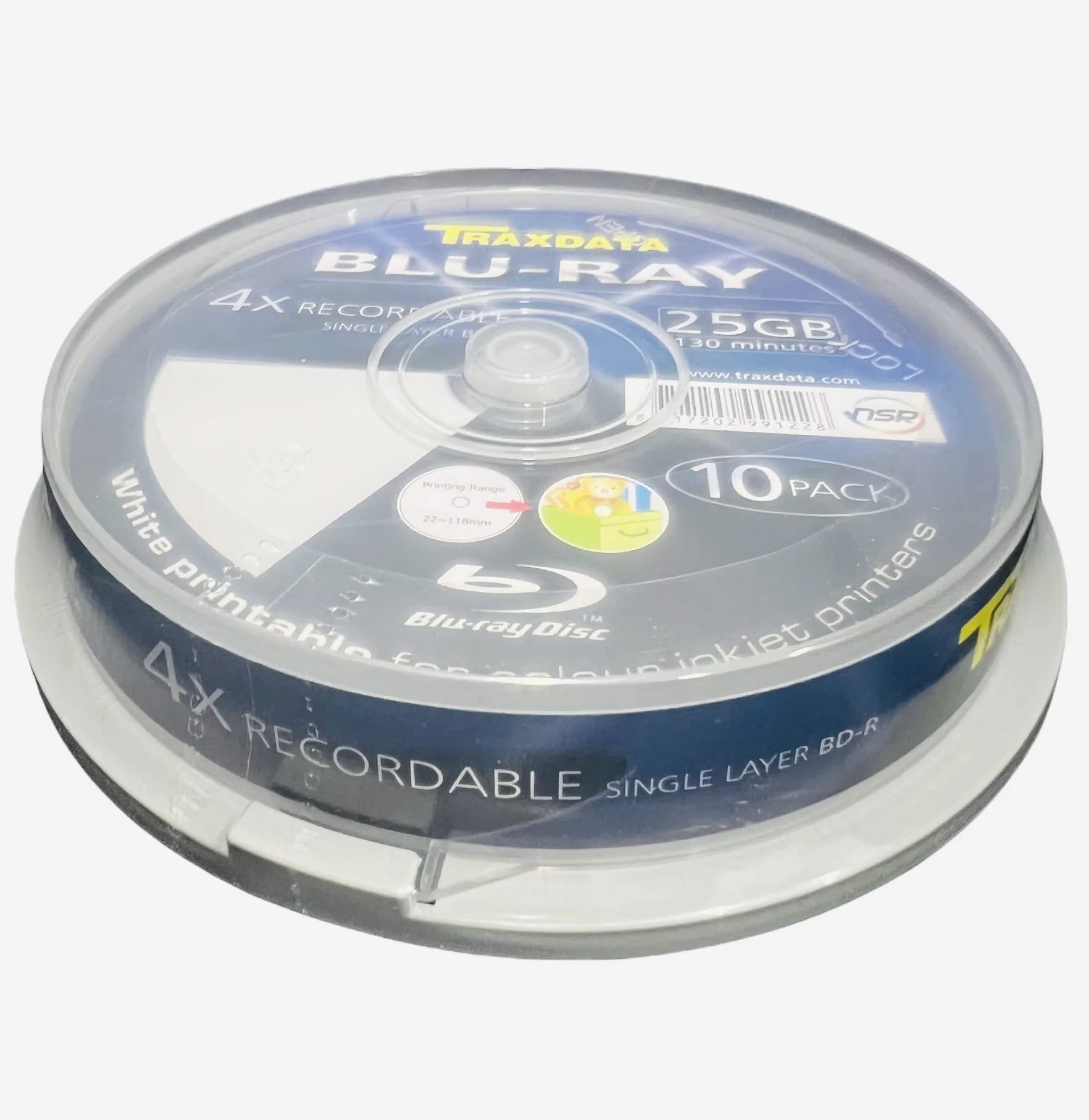 10 x Traxdata Full Face White Inkjet stampabile a getto d'inchiostro Blu-Ray Discs. BDR 25GB 4X 130 MINUTES