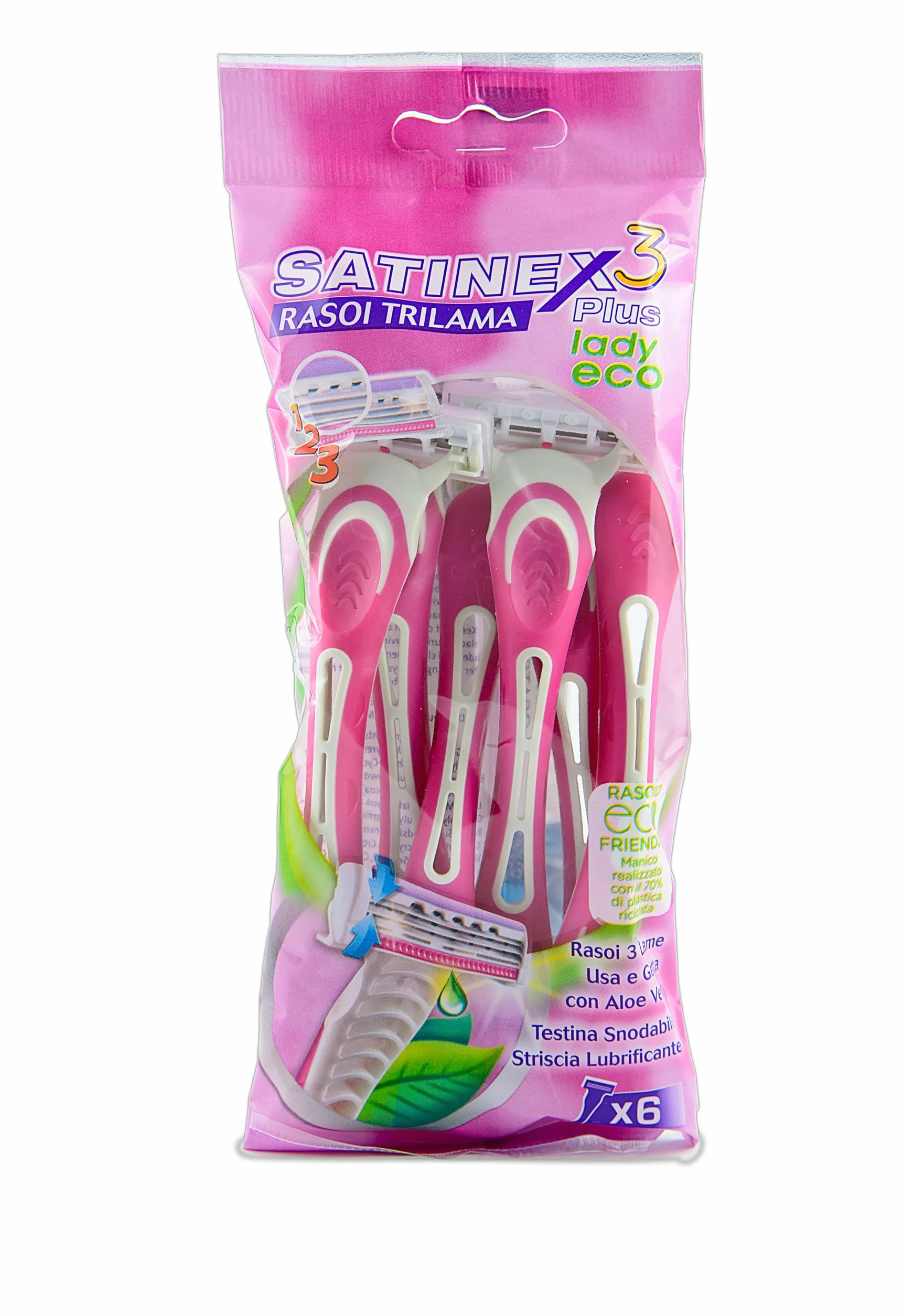 Satinex Rasoi 3 Lame Usa e Getta con Aloe e Vitamina E, Confezione da 6, Testina Snodabile, Striscia Lubrificante, Depilazione Donna