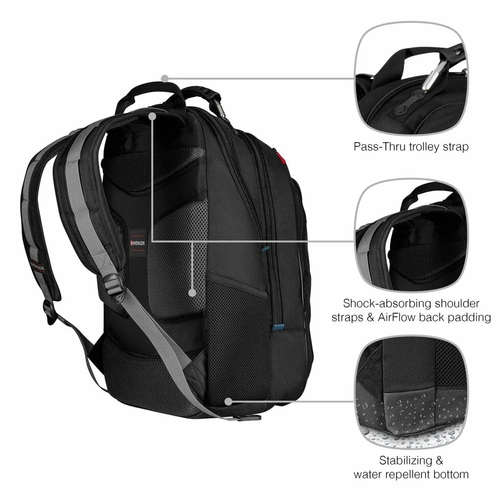 WENGER Zaino Porta PC Carbon, Notebook 17”, Scomparti, 30 l, Uomo Donna, Ufficio Viaggi di Lavoro Università, Nero, 600637