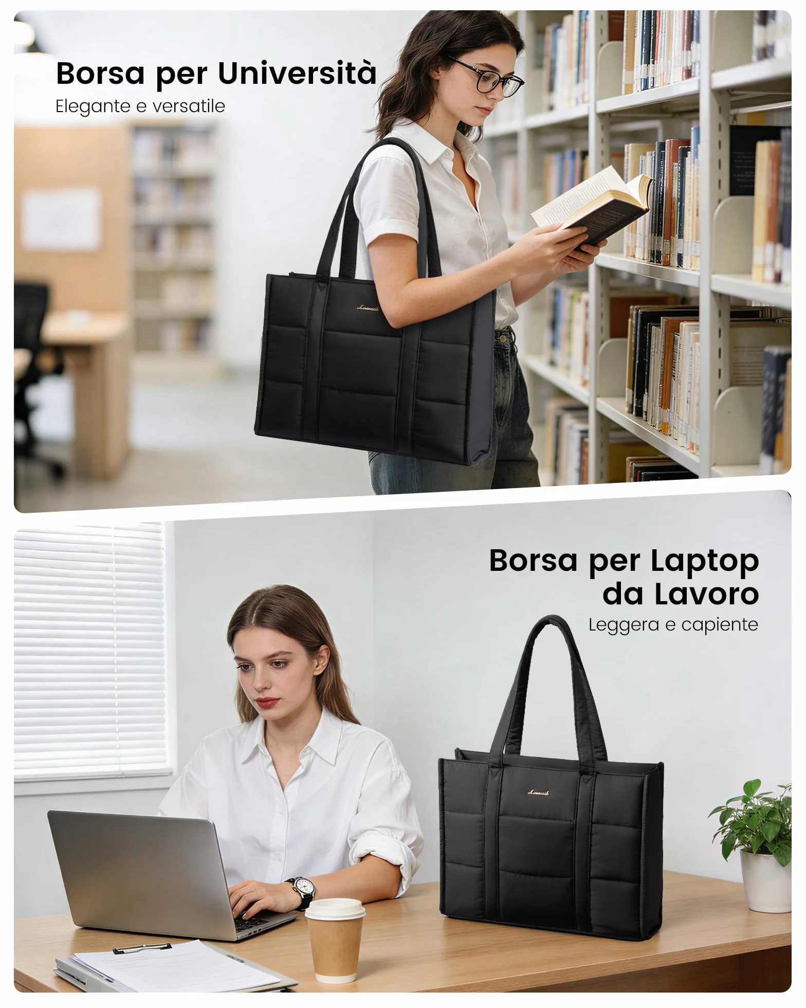 LOVEVOOK Borsa Donna, Grande Puffer Borse Università Borsa da Lavoro porta PC, Tote Bag Shopper Borse Tracolla per Ufficio Insegnante Docente Scuola