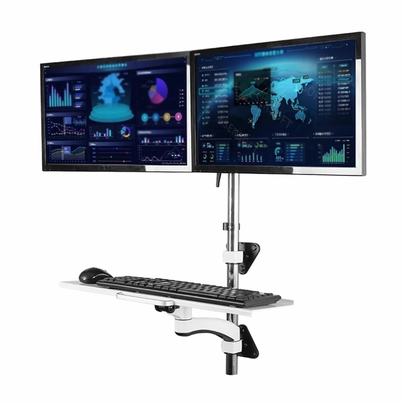 Supporto per monitor pc da scrivania Postazione di lavoro a parete, supporto for doppio monitor Sit Stand for schermi da 15''-27'', braccio regolabile for doppio monitor a parete con vassoio for tasti
