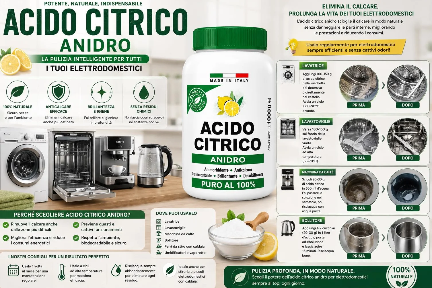 Acido Citrico Anidro 1 Kg Puro al 100% Anticalcare Naturale Made in Italy