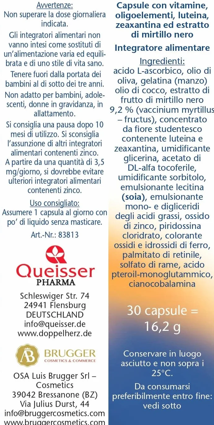 Doppelherz Integratore Occhi Extra Giorno + Notte 30 Capsule 20 mg Luteina Zeaxantina Mirtillo Nero Zinco Vitamine A C E B