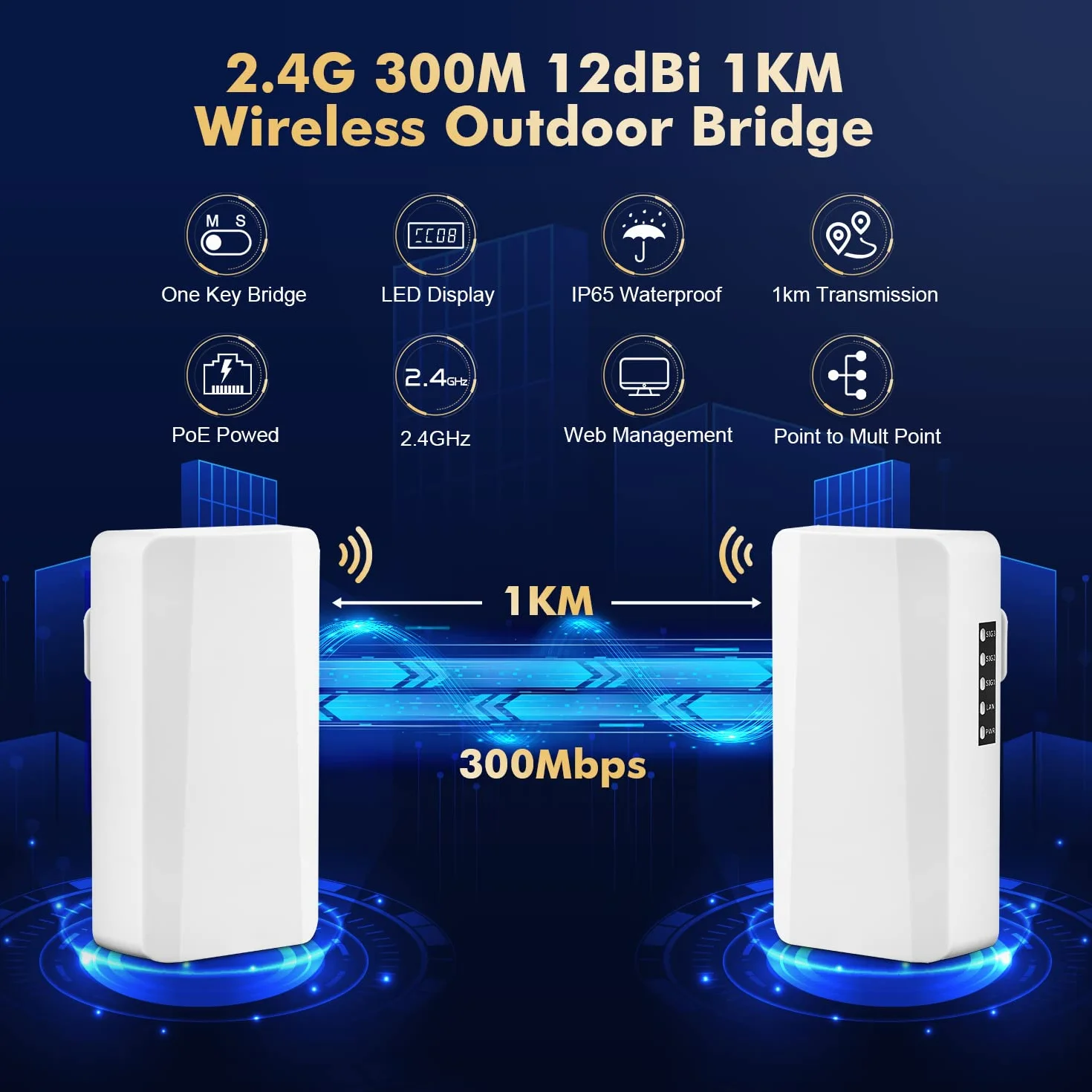 Ponte wireless per esterni, ponte WiFi punto a punto con porta Ethernet, distanza 2,4 GHz, 500 M-1 KM, 100 Mbps, adattatore PoE 24 V, confezione da 2