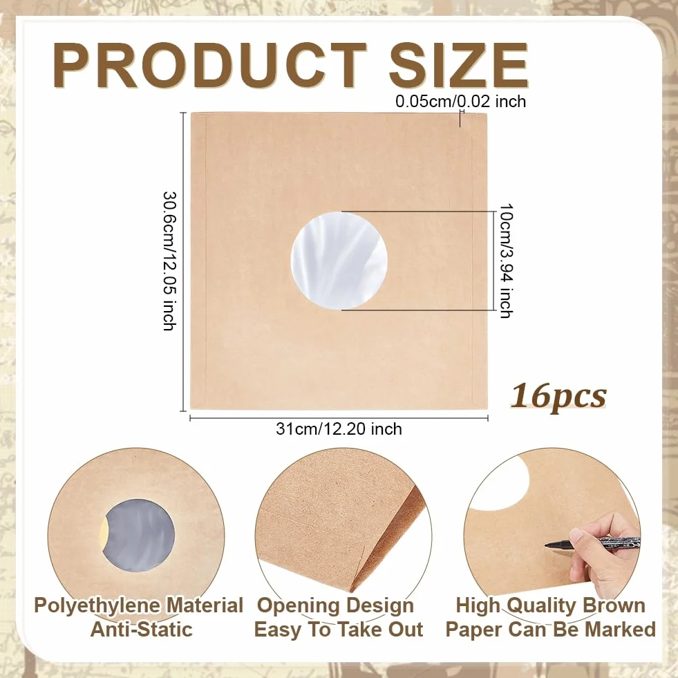 BENECREAT 16 pz Bustine per Dischi in Vinile in Carta Kraft Marrone, Custodie per Album da 31cm con Maniche Interne per Collezioni di Dischi in Vinile, Decorazioni per La Conservazione (110 gsm)