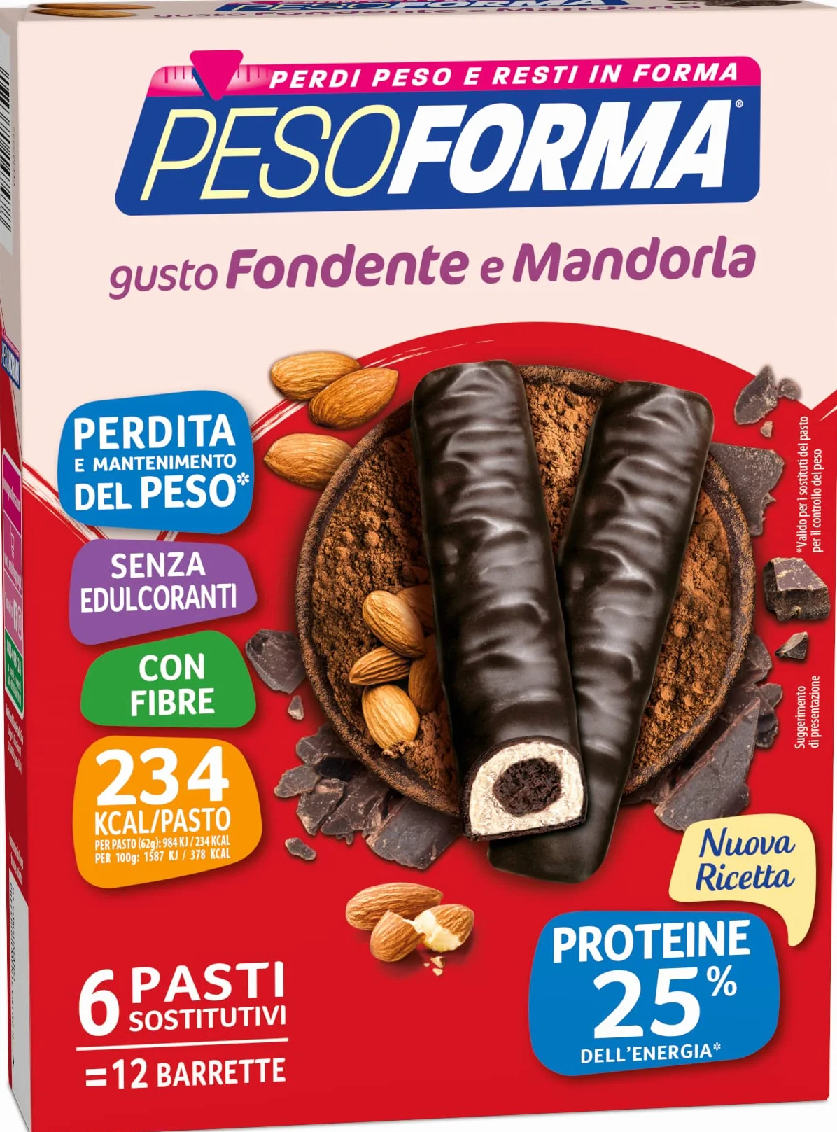 Pesoforma Barrette al Cioccolato Fondente e Cuore di Mandorla, 6 Pasti sostitutivi, 12 barrette 25% proteine