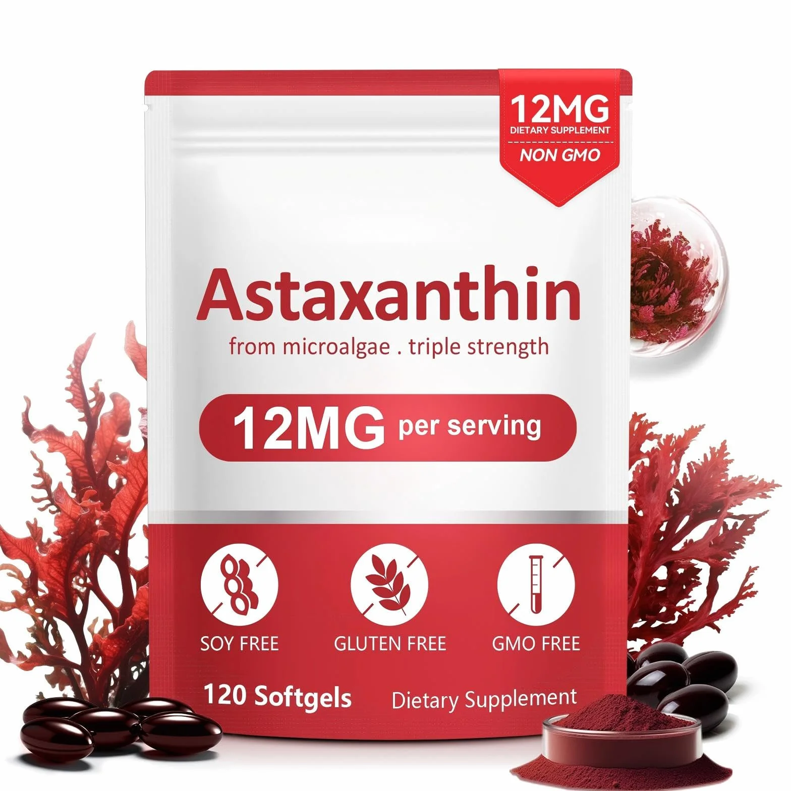 Astaxantina 12 mg 120 Softgel Integratore Antiossidante Tripla Forza Microalghe Fresche