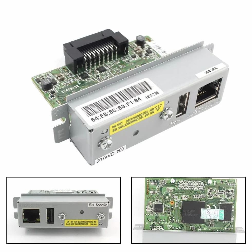 Il modulo Ethernet C32C881008 per il server di stampa UBE04 supporta la connettività 10Base T/100Base TX per le stampanti della serie TM