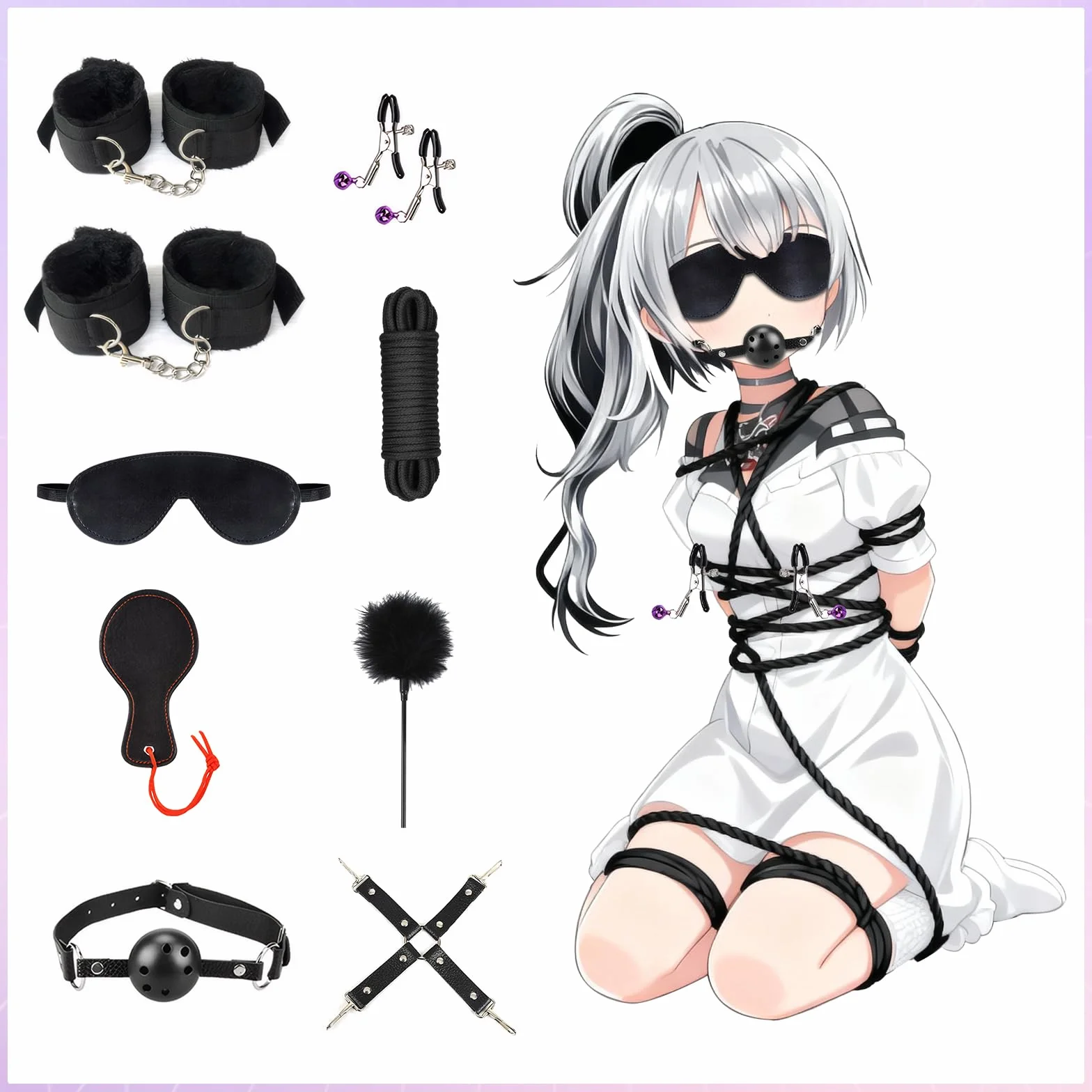 Kit BDSM Bondage 26 Pezzi Qoosea per Coppie con Manette Regolabili, Cavigliere, Collare e Sex Toys