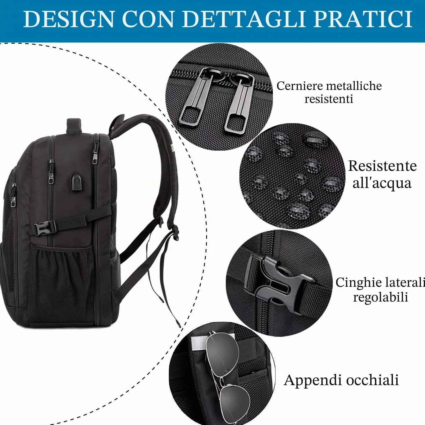 Zaino Uomo Grande 50L,17 Pollici, Porta PC, Zaino Lavoro Impermeabile Antifurto con Caricatore USB per Viaggio Ufficio Scuola -Nero