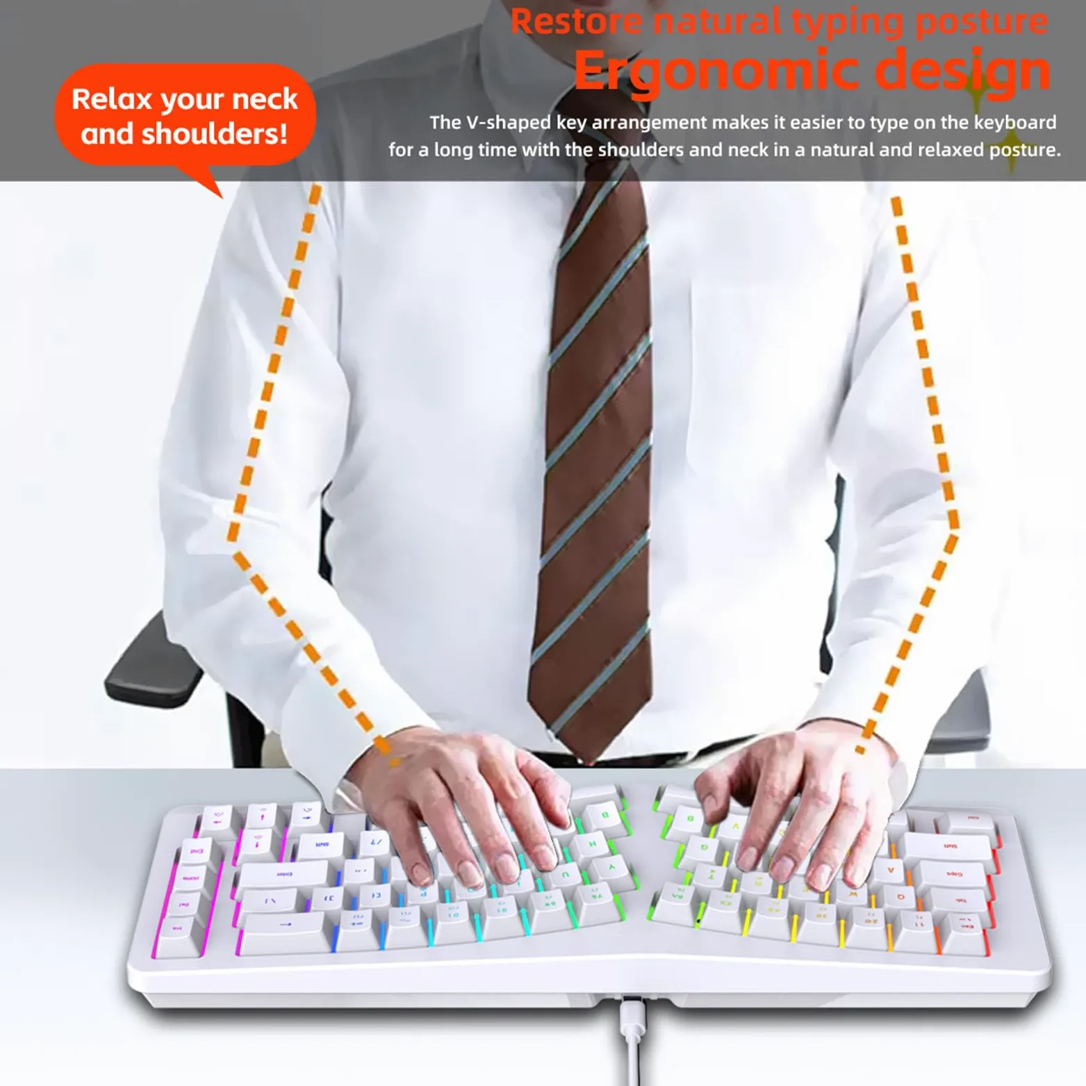 Tastiera Ergonomica Divisa, Tastiera da Digitare Naturalmente USB C con 18 modalità Retroilluminata RGB, 69 Tasti, Cavo Staccabile per il Desktop per Computer (WHITE)
